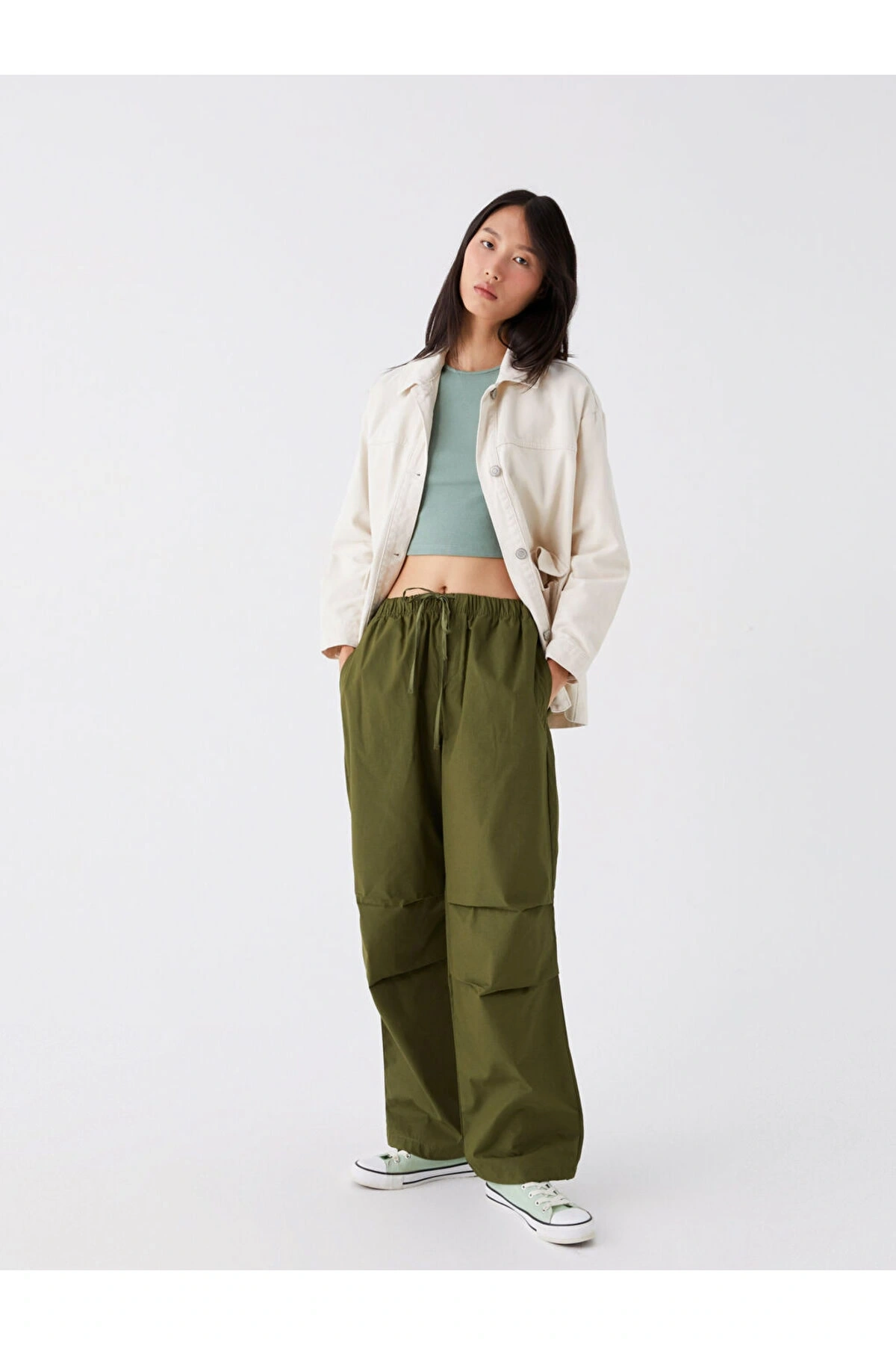 Kadın Beli Lastikli Düz Paraşüt Pantolon