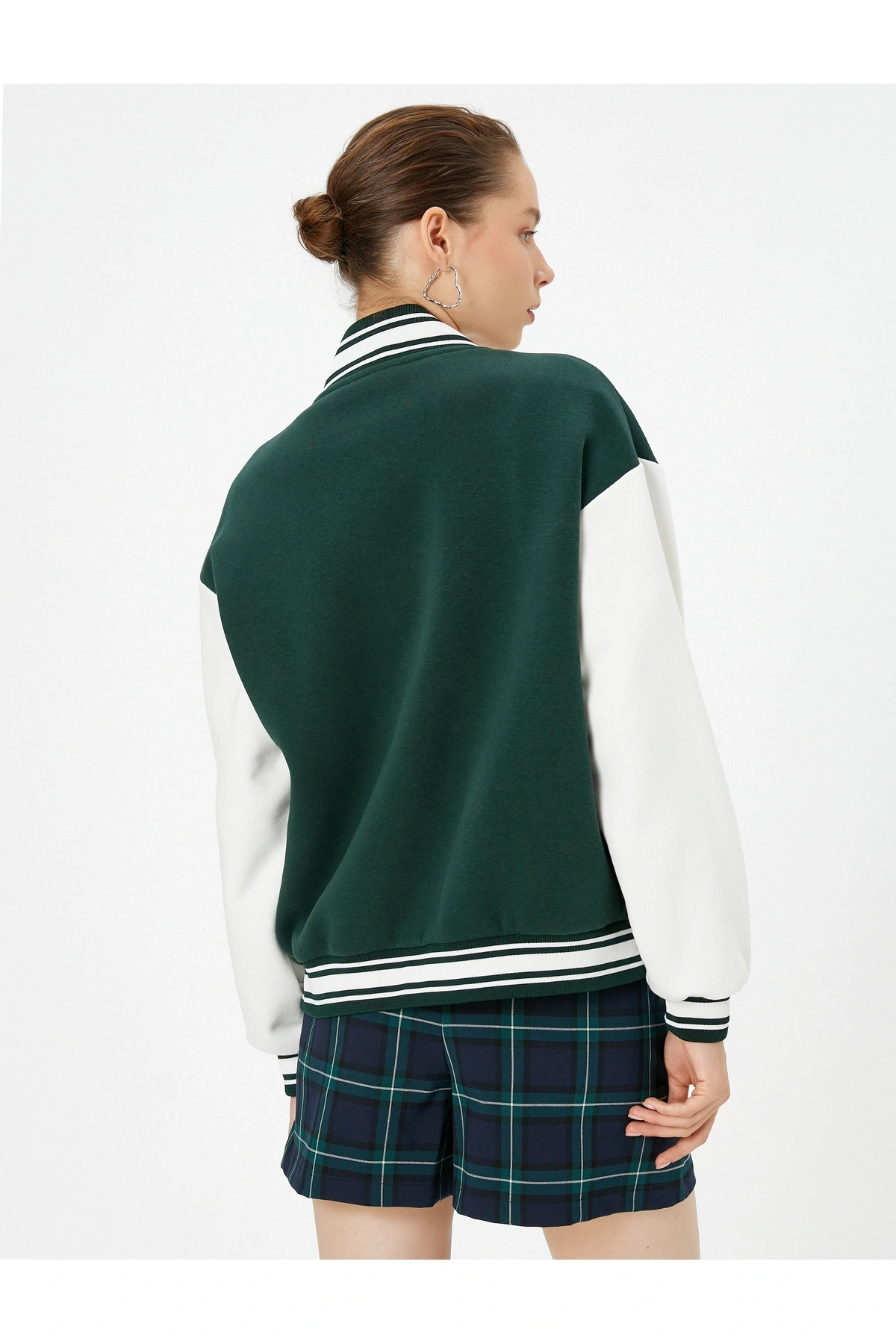 Şardonlu Bomber Ceket Aplike Detaylı Kolej Baskılı Cepli