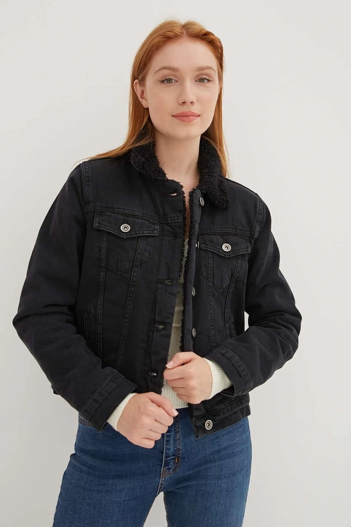 İçi Kürklü Denim Ceket Siyah