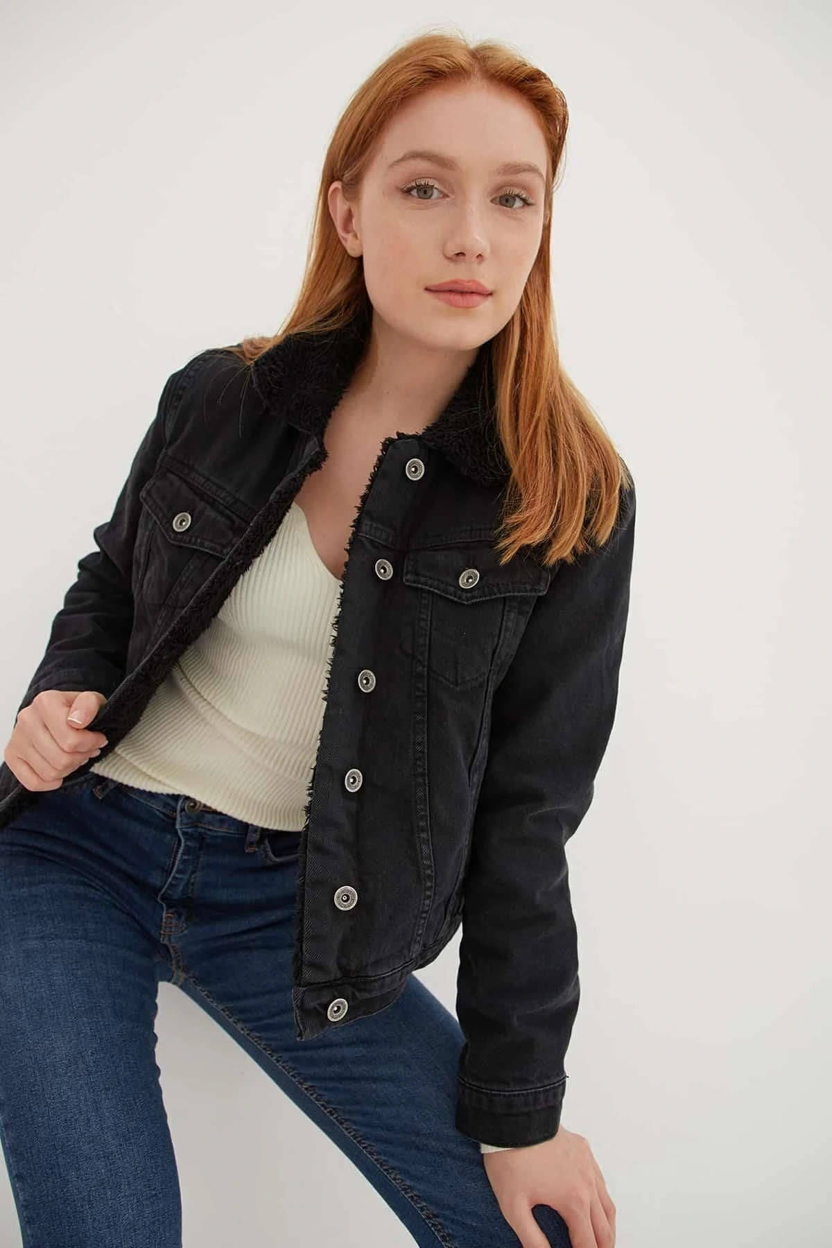 İçi Kürklü Denim Ceket Siyah