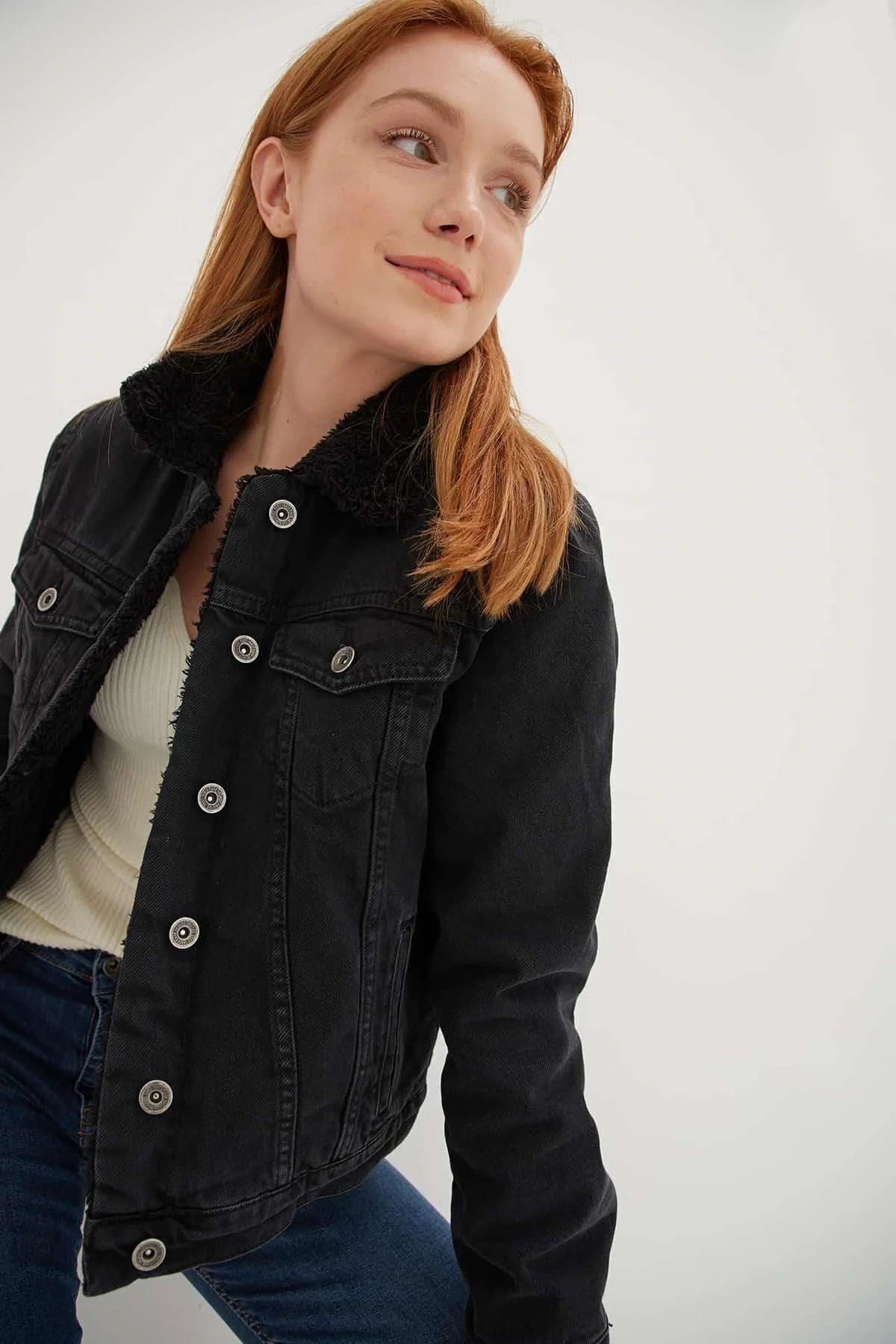 İçi Kürklü Denim Ceket Siyah