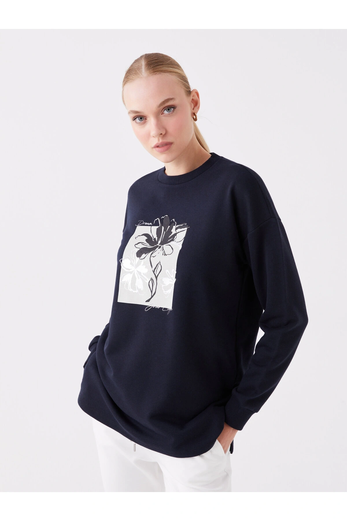 Bisiklet Yaka Baskılı Uzun Kollu Oversize Kadın Sweatshirt Tunik