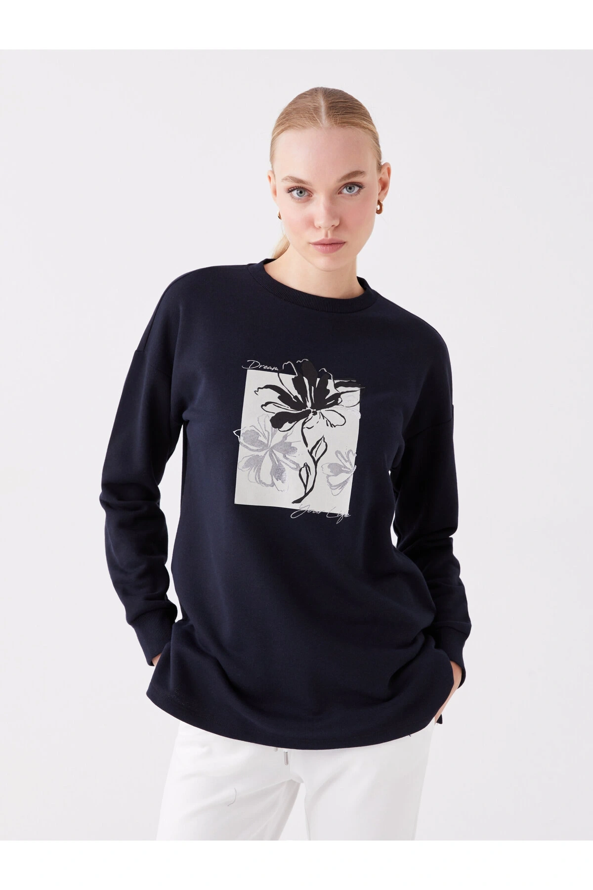 Bisiklet Yaka Baskılı Uzun Kollu Oversize Kadın Sweatshirt Tunik