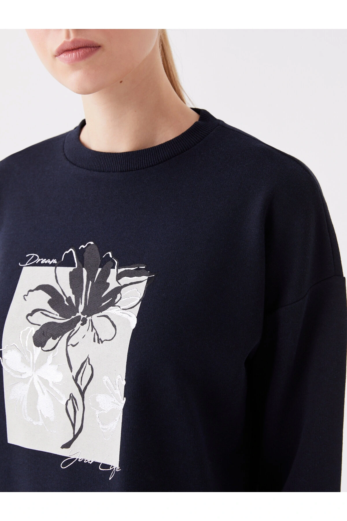 Bisiklet Yaka Baskılı Uzun Kollu Oversize Kadın Sweatshirt Tunik