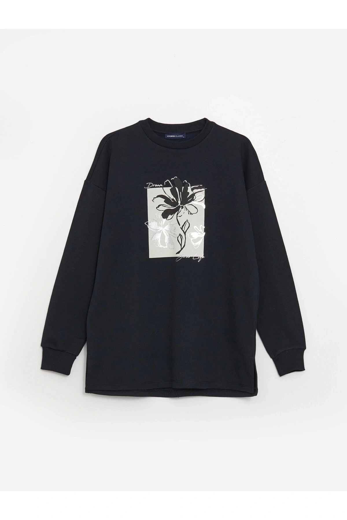 Bisiklet Yaka Baskılı Uzun Kollu Oversize Kadın Sweatshirt Tunik