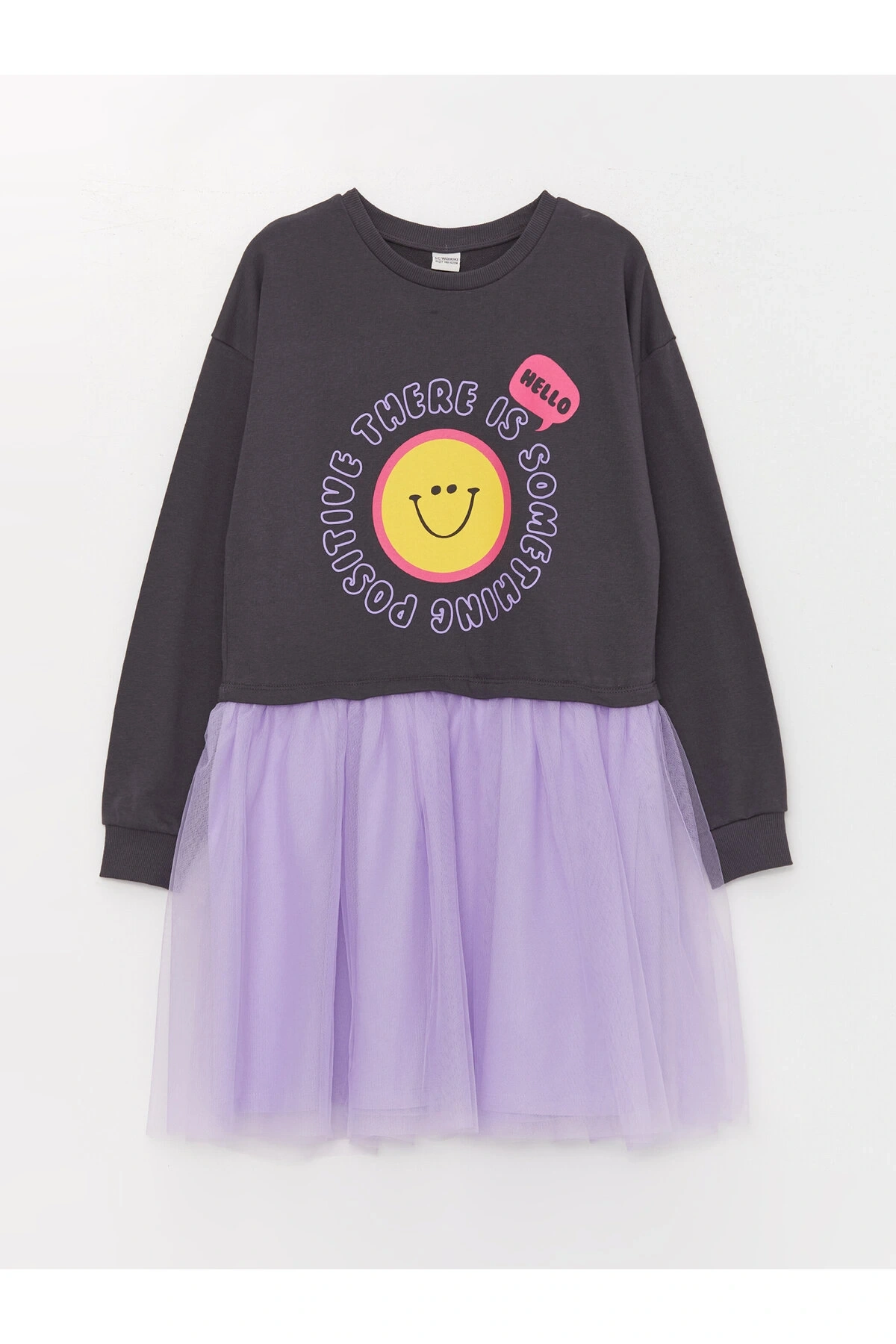 Bisiklet Yaka Baskılı Uzun Kollu Kız Çocuk Elbise