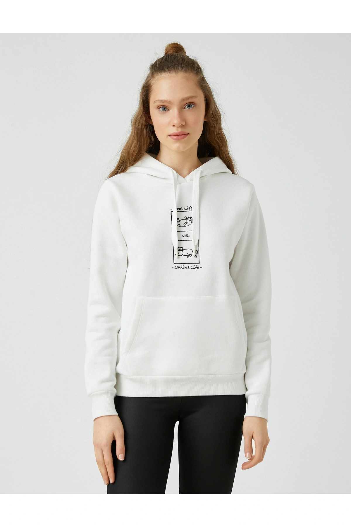 Kedi Baskılı Kapüşonlu Sweatshirt Uzun Kollu Içi Polarlı