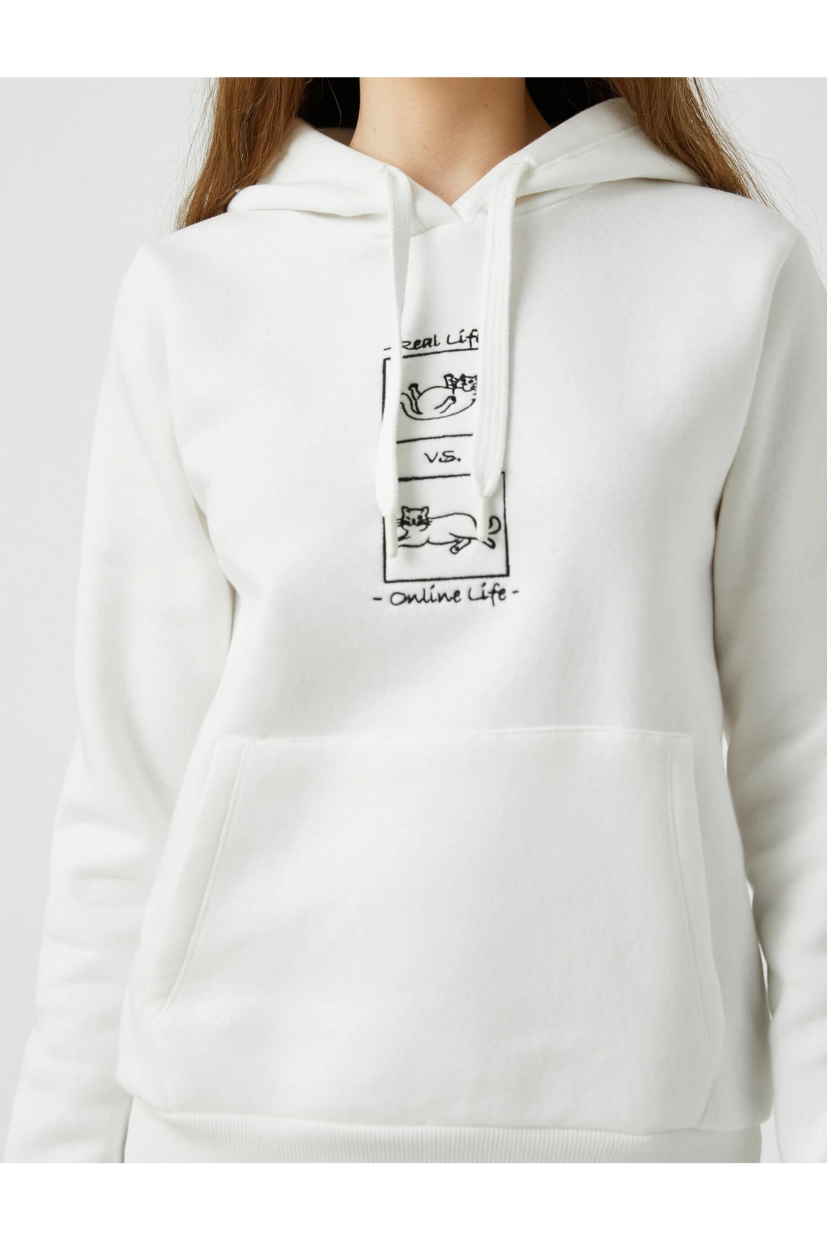 Kedi Baskılı Kapüşonlu Sweatshirt Uzun Kollu Içi Polarlı