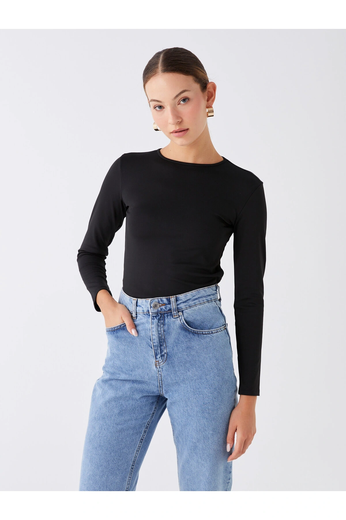 Bisiklet Yaka Düz Uzun Kollu Kadın Tişört