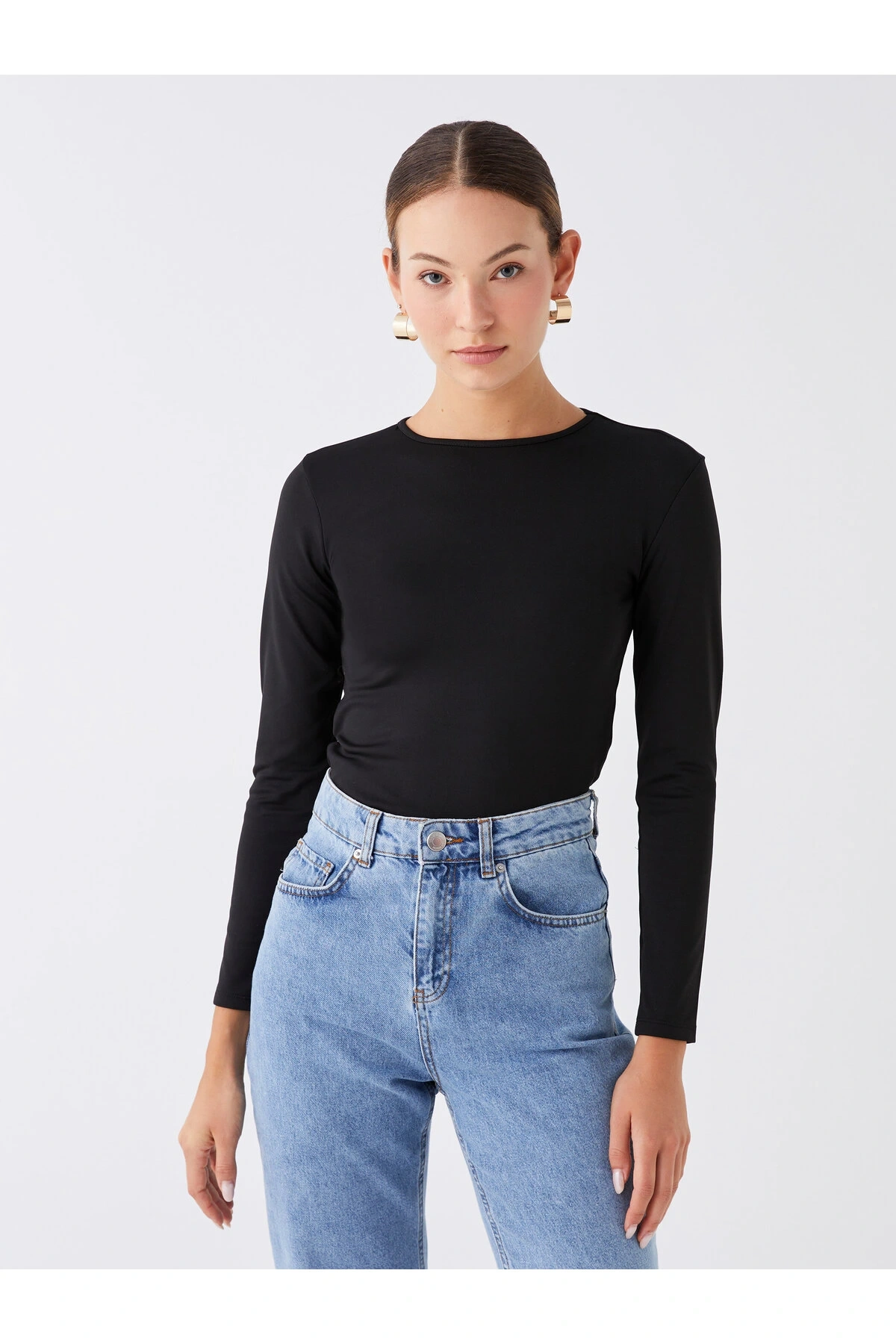 Bisiklet Yaka Düz Uzun Kollu Kadın Tişört