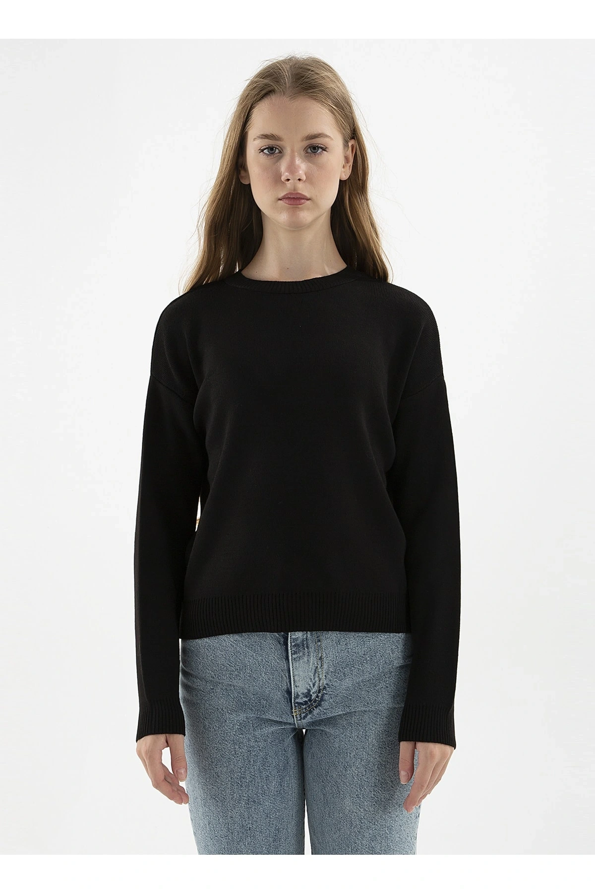 Bisiklet Yaka Düz Siyah Kadın Kazak 22k0166k1