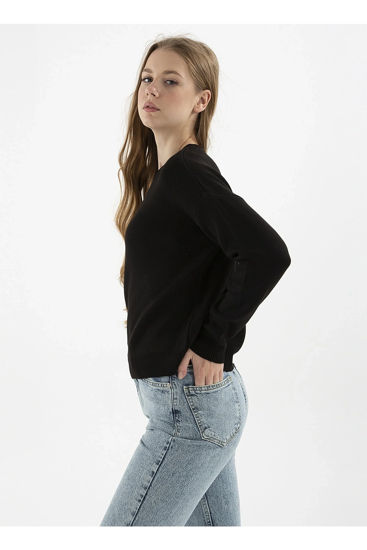 Bisiklet Yaka Düz Siyah Kadın Kazak 22k0166k1