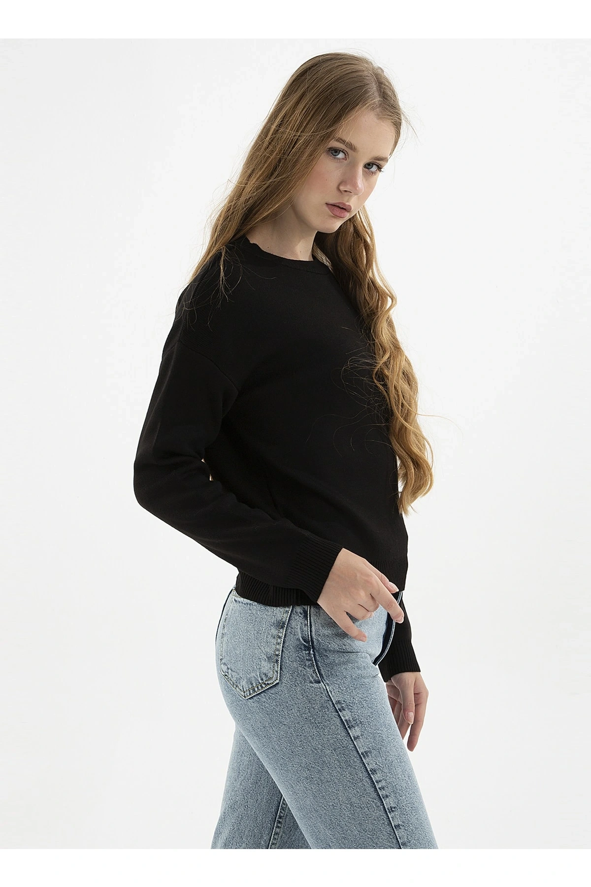 Bisiklet Yaka Düz Siyah Kadın Kazak 22k0166k1