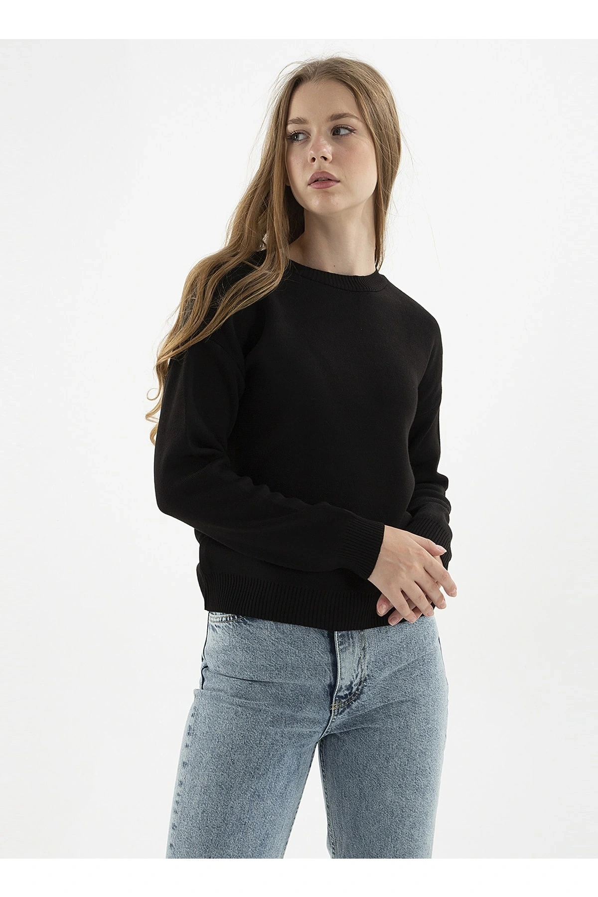 Bisiklet Yaka Düz Siyah Kadın Kazak 22k0166k1