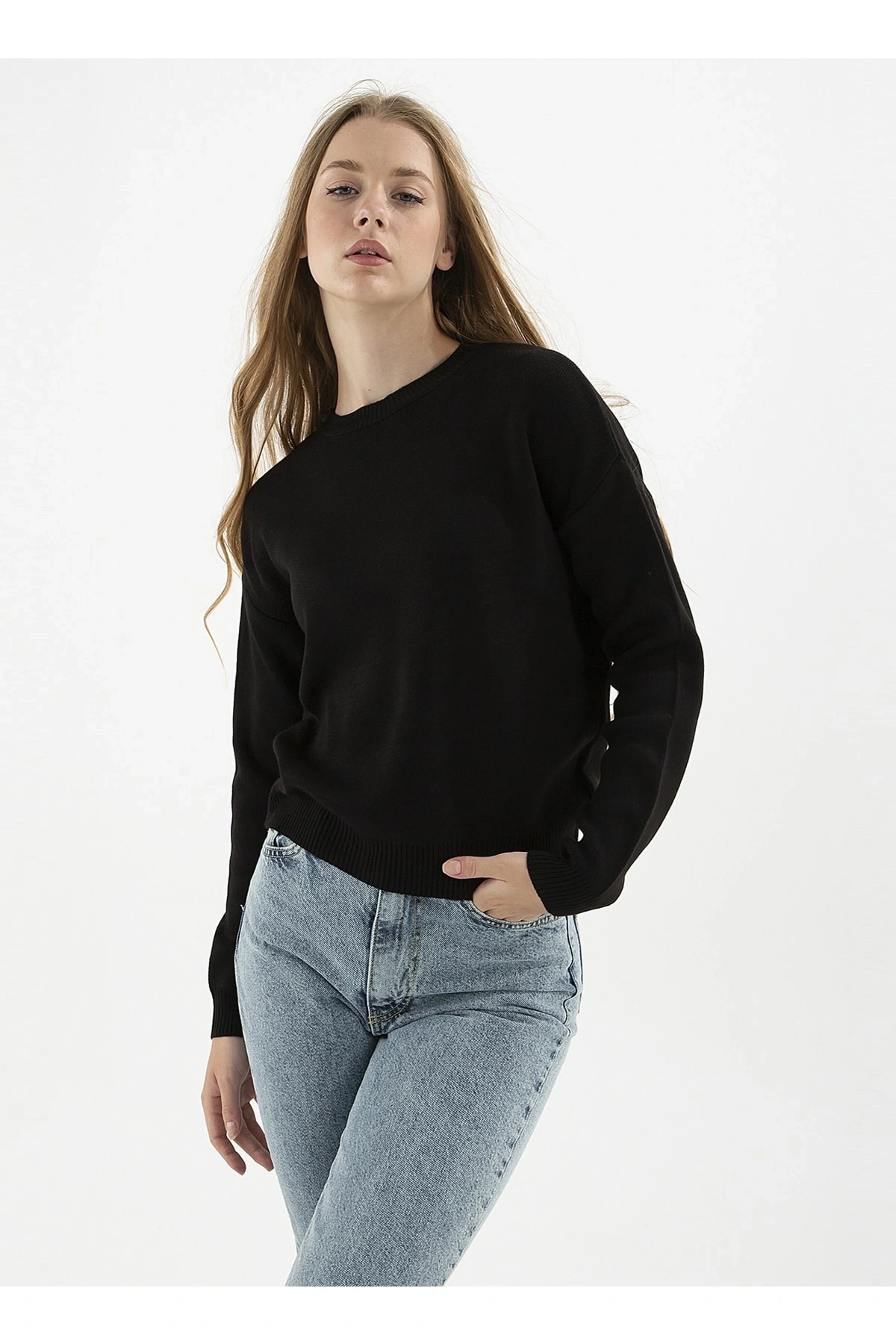 Bisiklet Yaka Düz Siyah Kadın Kazak 22k0166k1