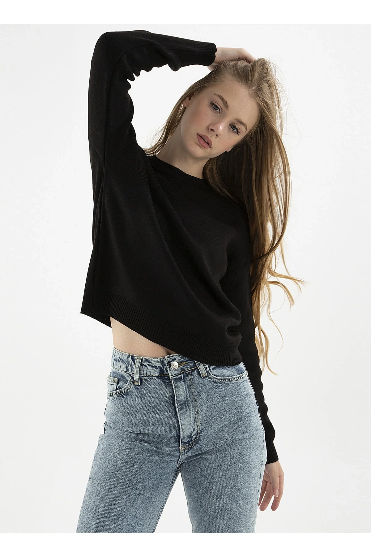 Bisiklet Yaka Düz Siyah Kadın Kazak 22k0166k1