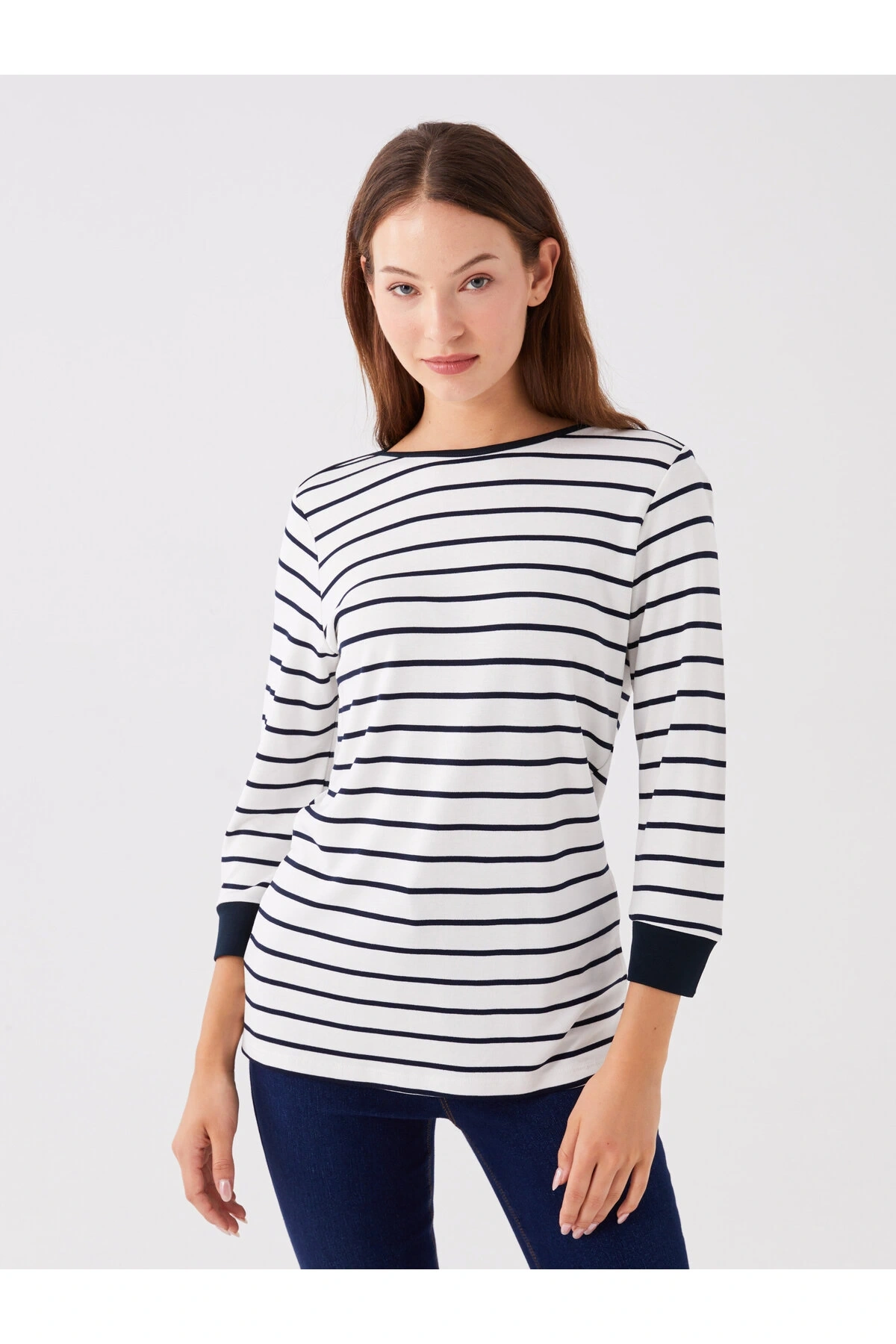 Kayık Yaka Çizgili Kadın Tişört