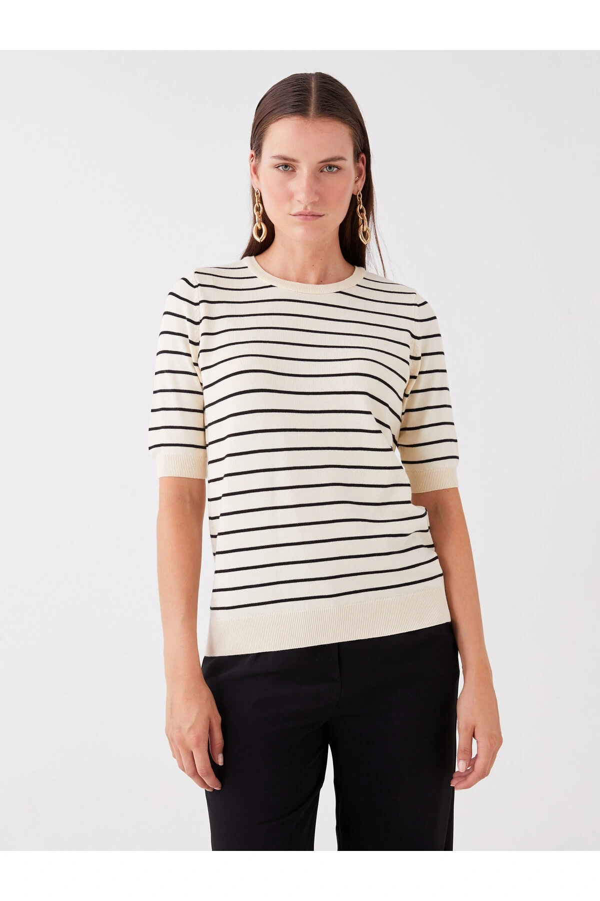 Bisiklet Yaka Çizgili Kısa Kollu Kadın Triko Kazak