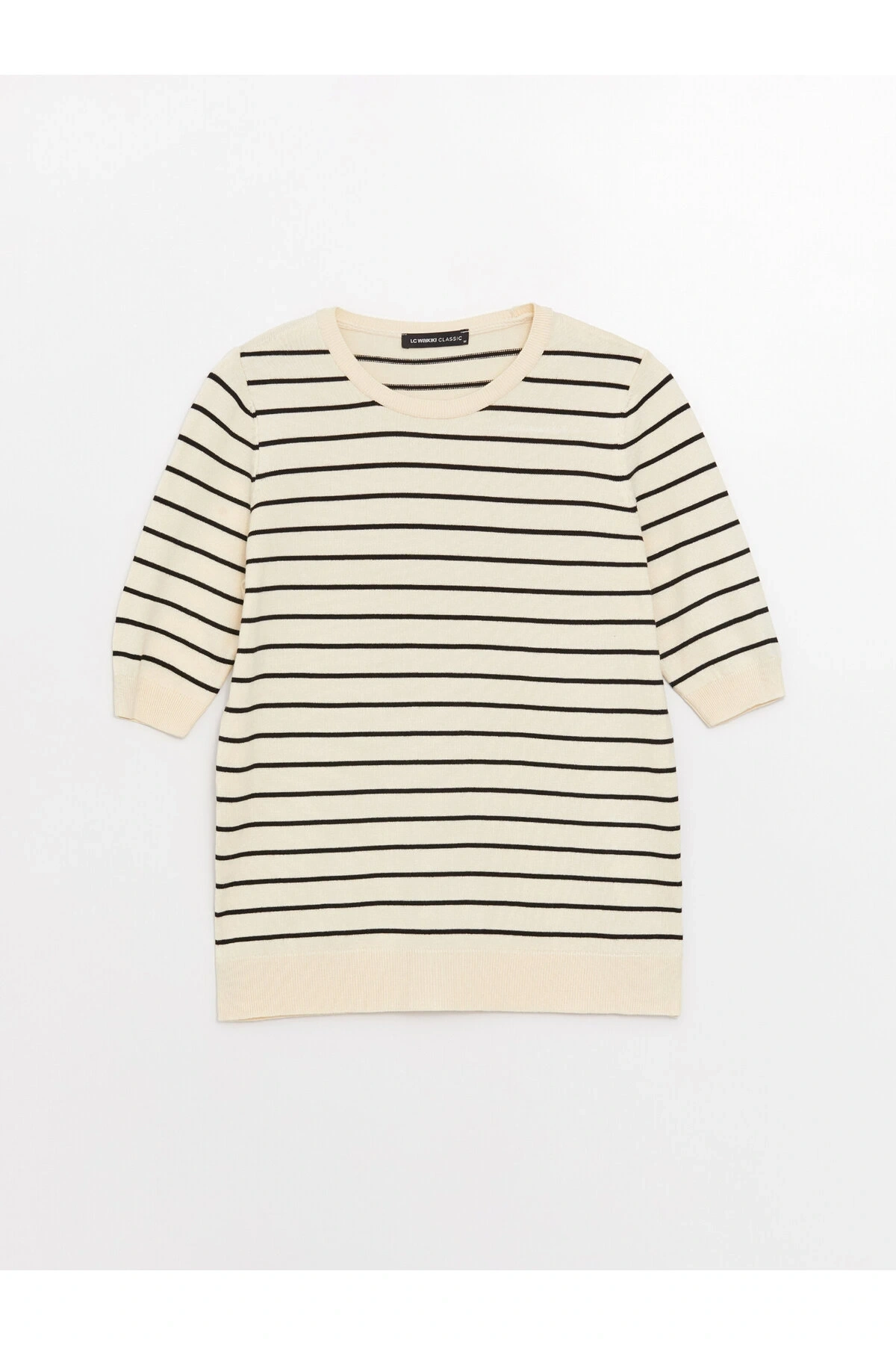 Bisiklet Yaka Çizgili Kısa Kollu Kadın Triko Kazak