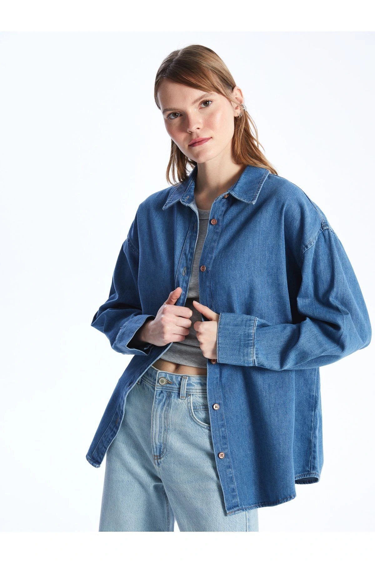 Düz Uzun Kollu Oversize Kadın Jean Gömlek