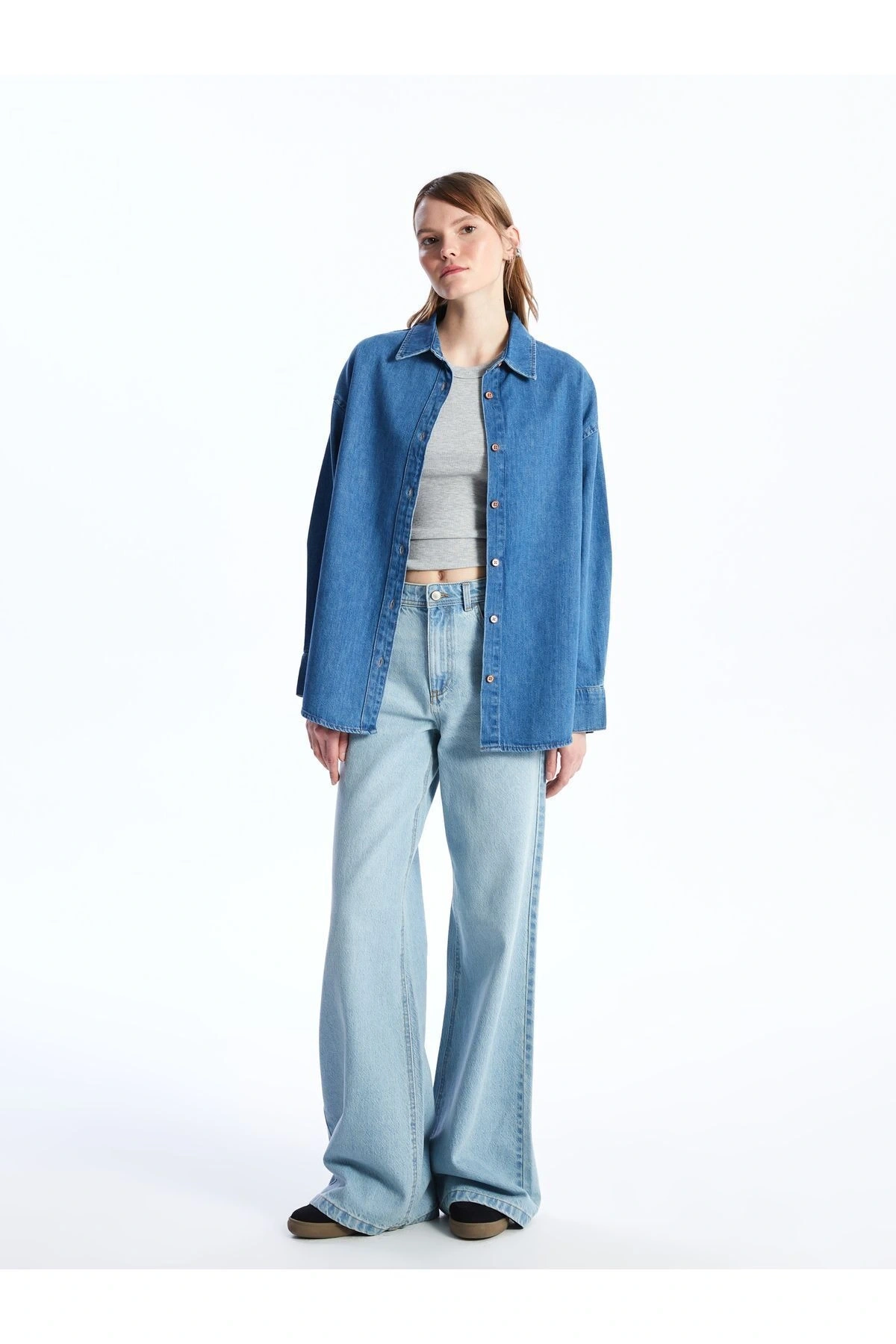 Düz Uzun Kollu Oversize Kadın Jean Gömlek