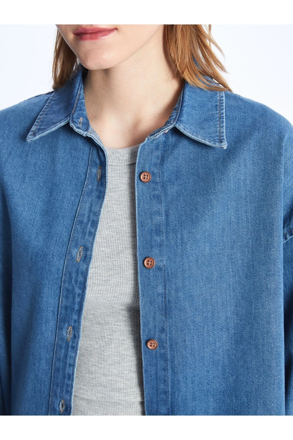 Düz Uzun Kollu Oversize Kadın Jean Gömlek
