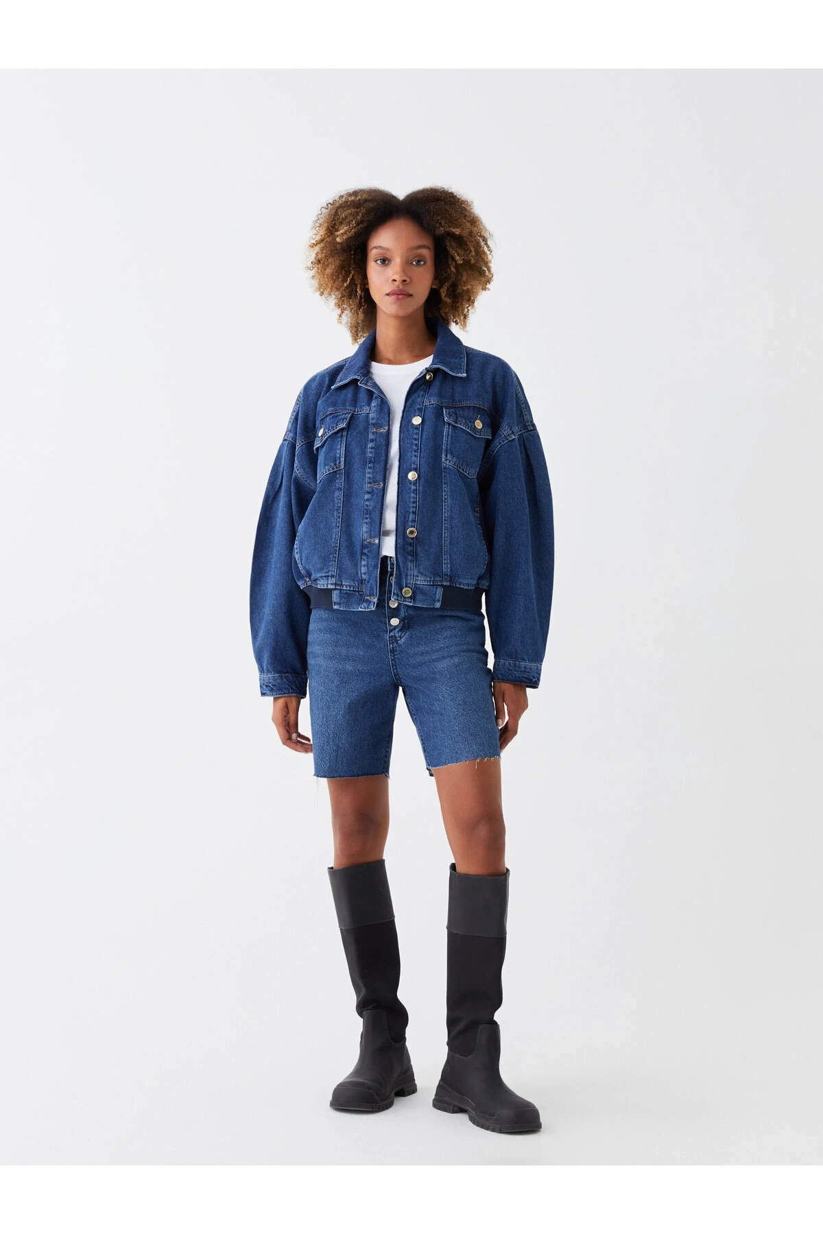 Gömlek Yaka Düz Uzun Kollu Oversize Kadın Jean Ceket