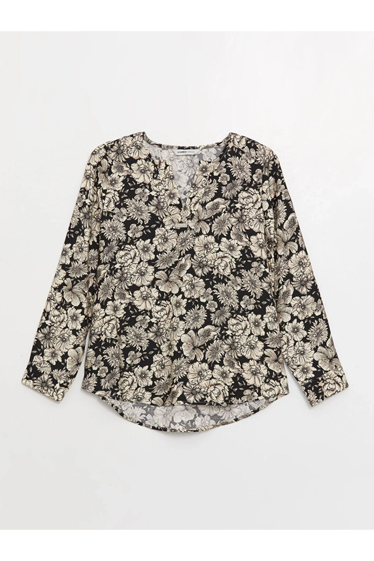 Kaçık Yaka Çiçekli Uzun Kollu Kadın Bluz