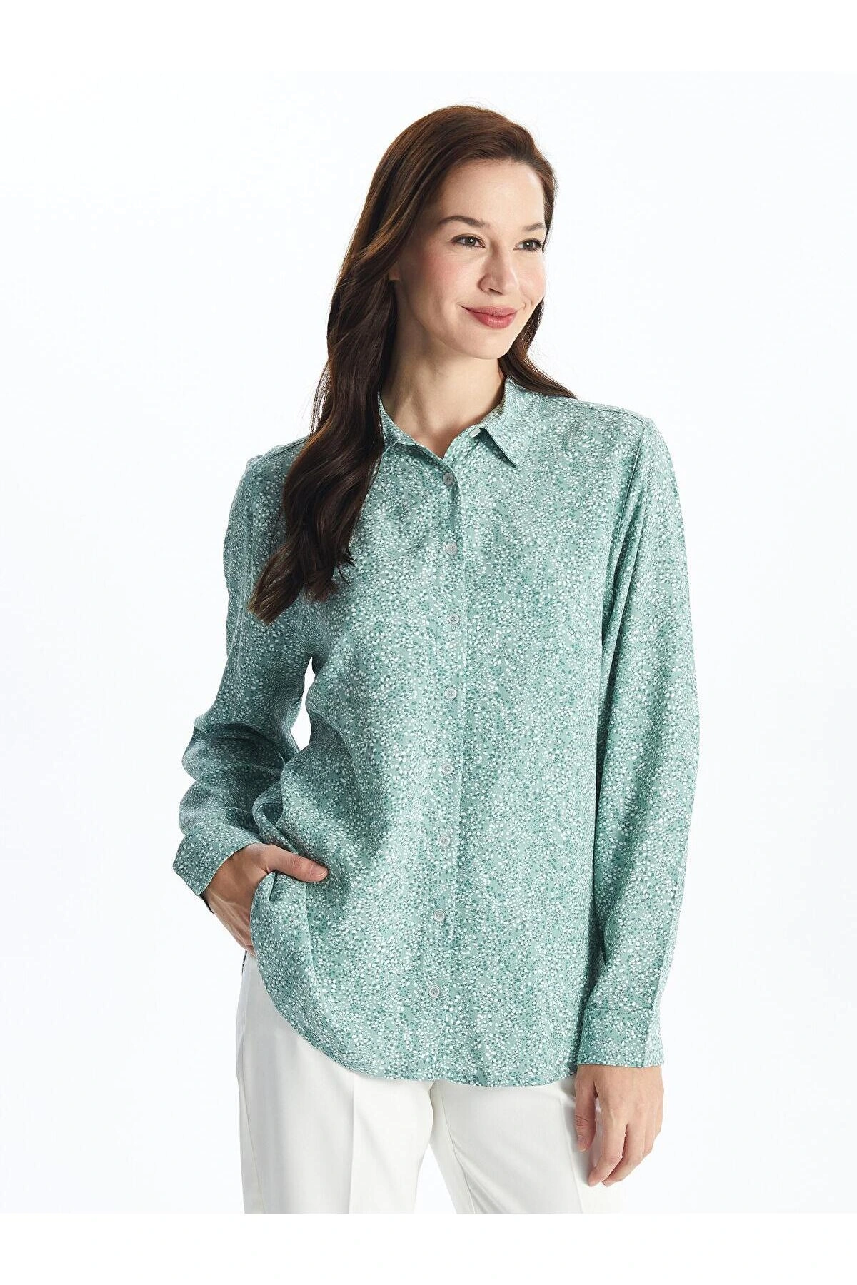 LCW Grace Nane Yeşili Baskılı Desenli Uzun Kollu Kadın Gömlek