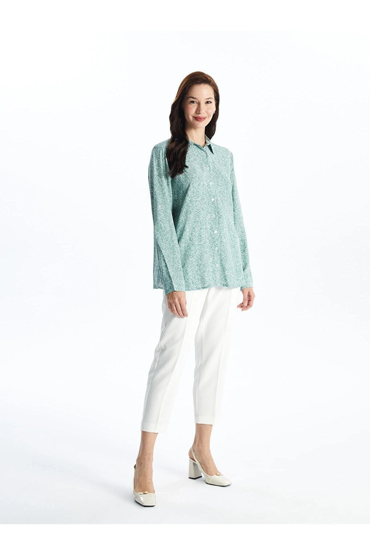 LCW Grace Nane Yeşili Baskılı Desenli Uzun Kollu Kadın Gömlek