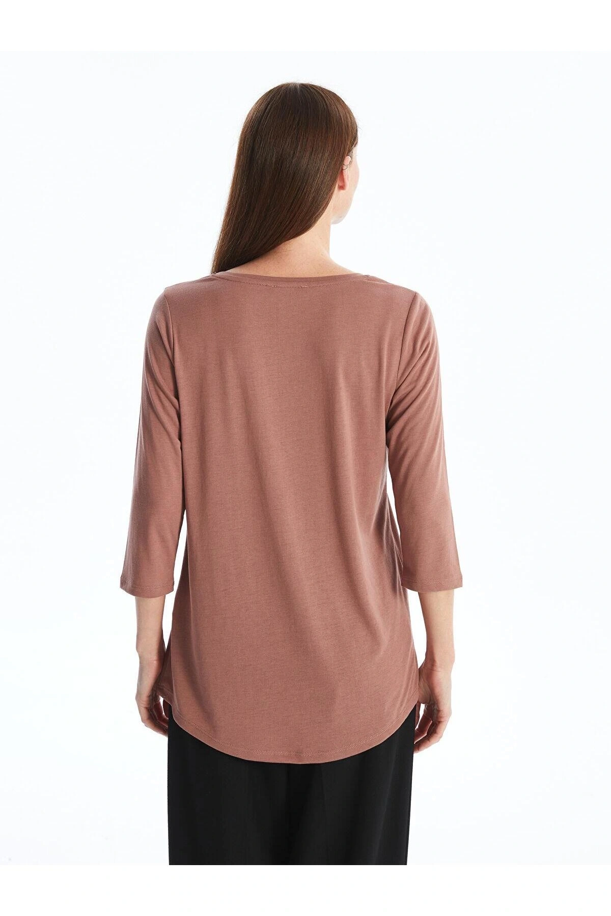 LCWAIKIKI Basic Açık Kahverengi Bisiklet Yaka Pul Payetli Uzun Kollu Kadın Bluz