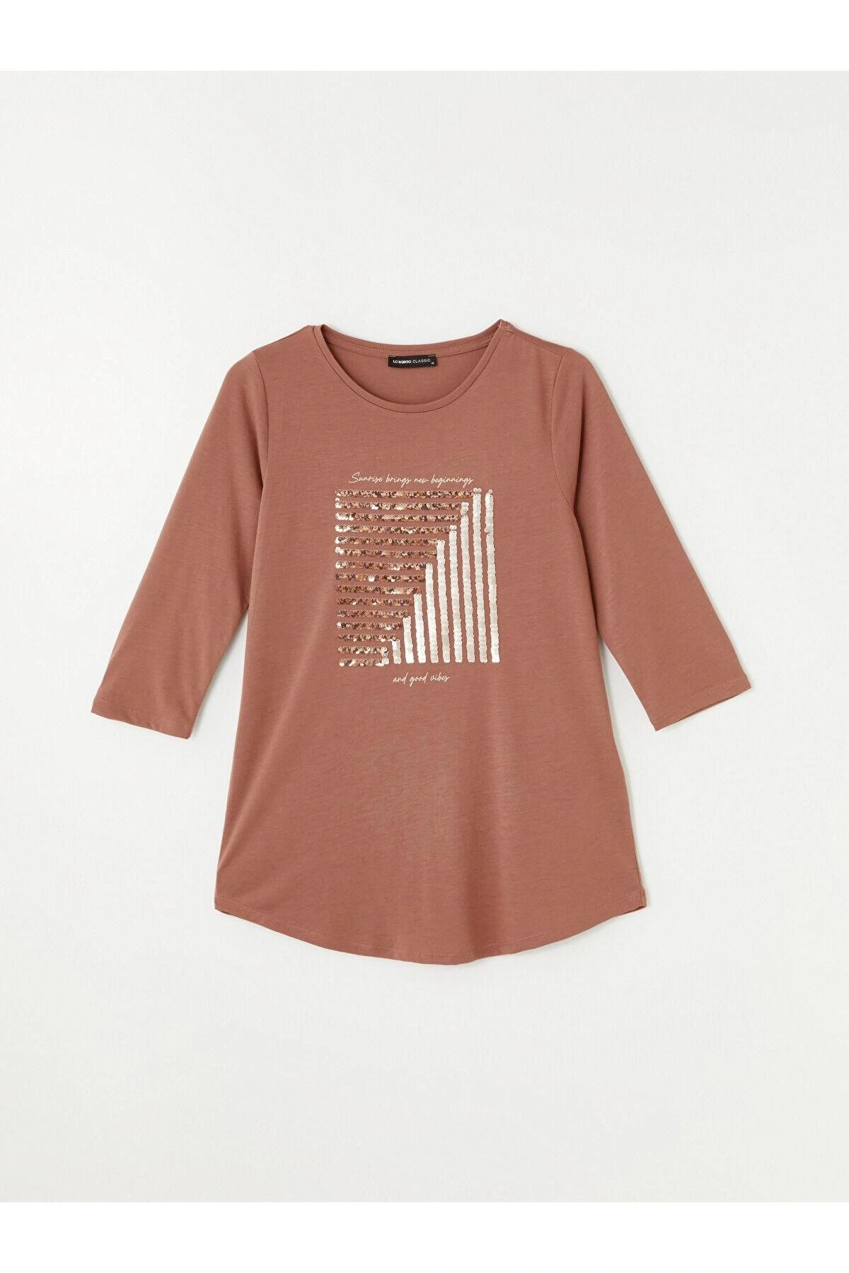 LCWAIKIKI Basic Açık Kahverengi Bisiklet Yaka Pul Payetli Uzun Kollu Kadın Bluz