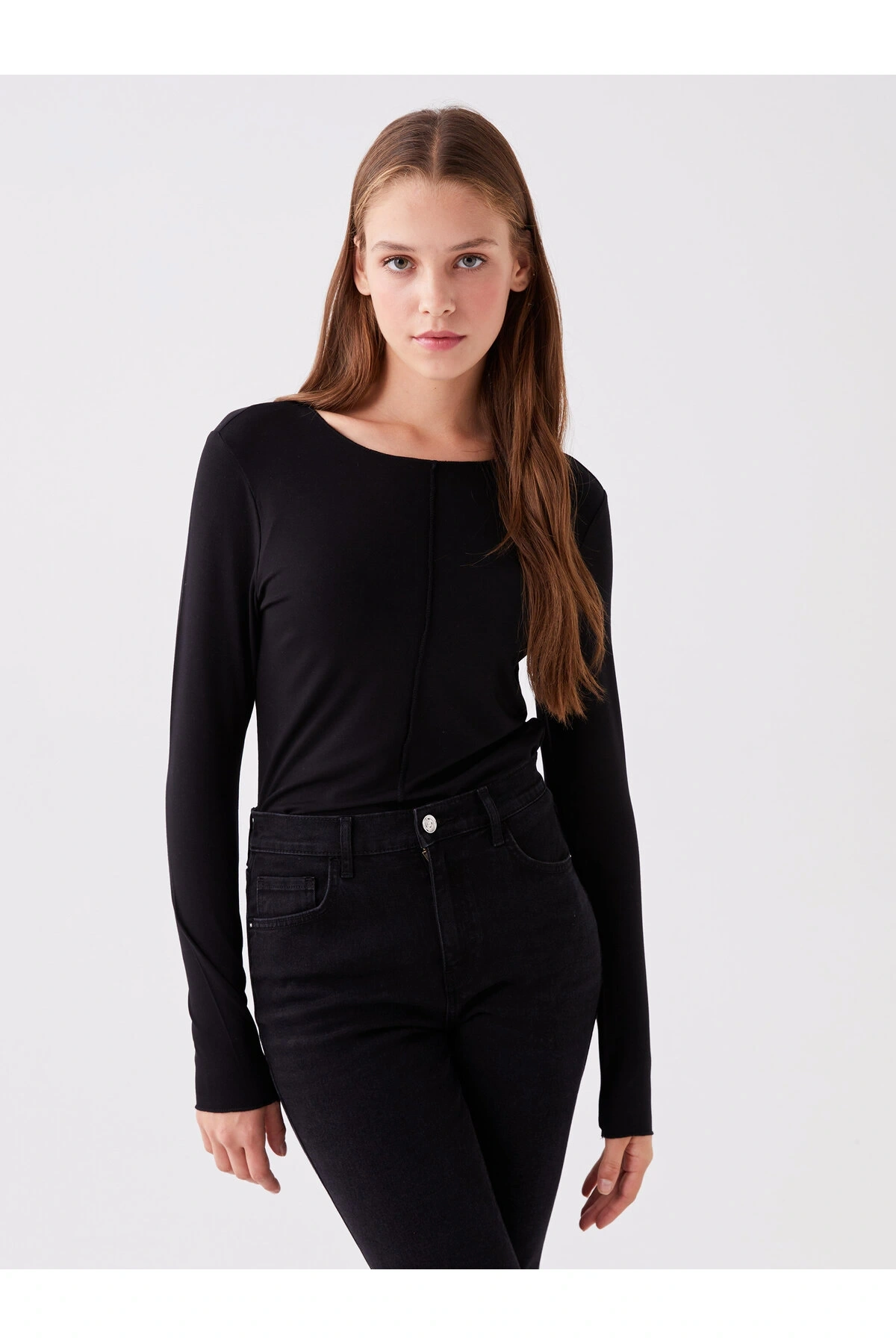 Bisiklet Yaka Düz Uzun Kollu Kadın Tişört