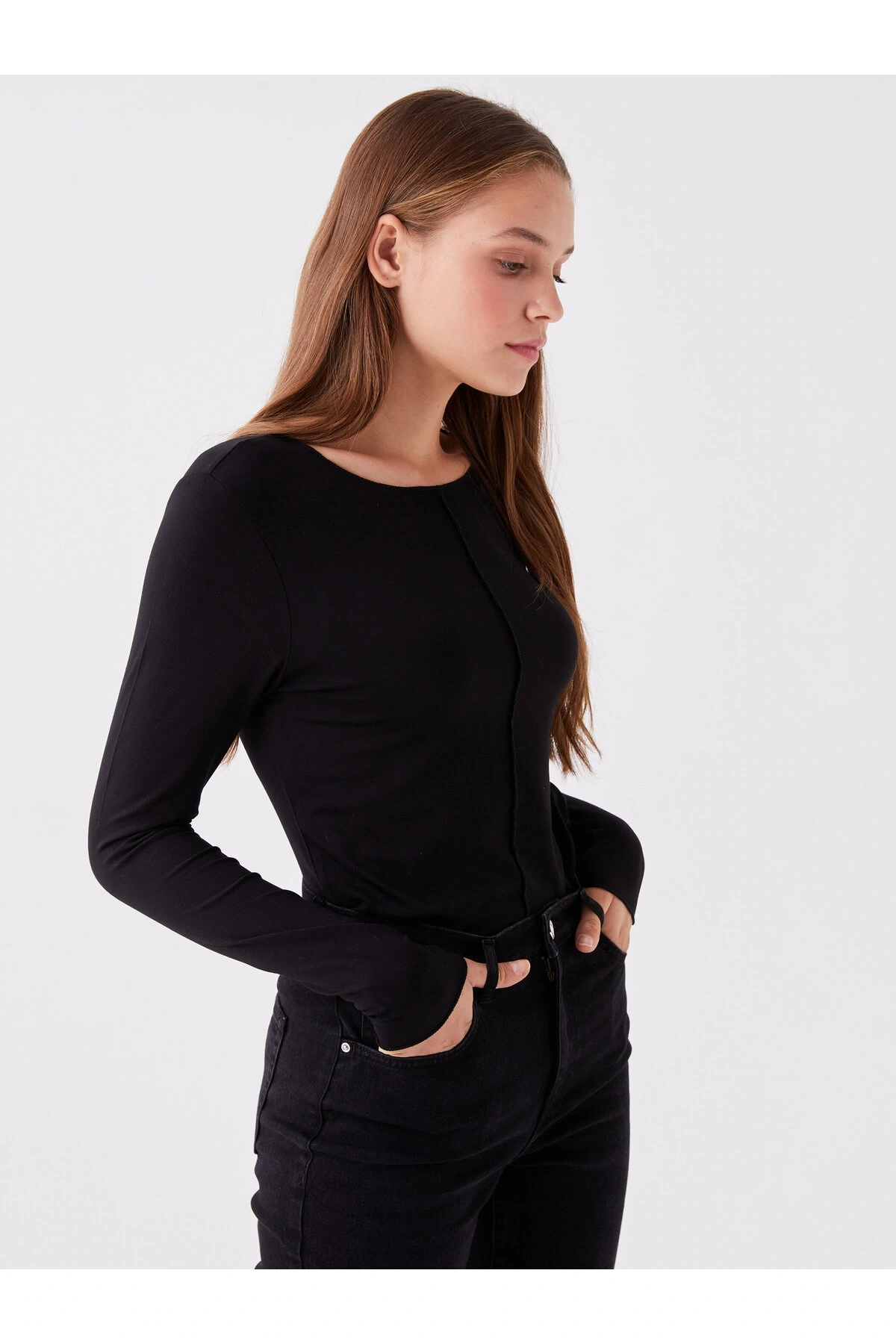 Bisiklet Yaka Düz Uzun Kollu Kadın Tişört