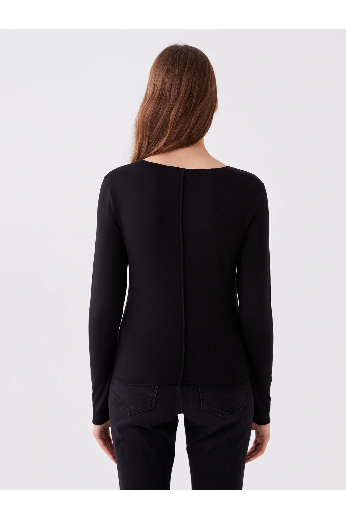 Bisiklet Yaka Düz Uzun Kollu Kadın Tişört