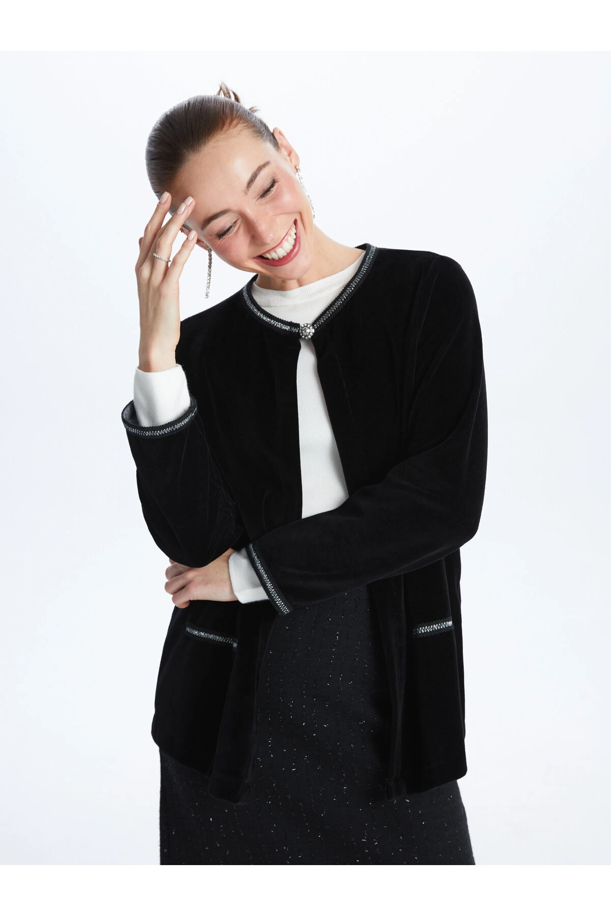 Bisiklet Yaka Düz Uzun Kollu Kadın Hırka