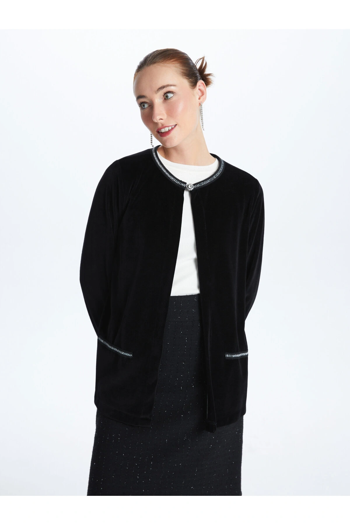 Bisiklet Yaka Düz Uzun Kollu Kadın Hırka