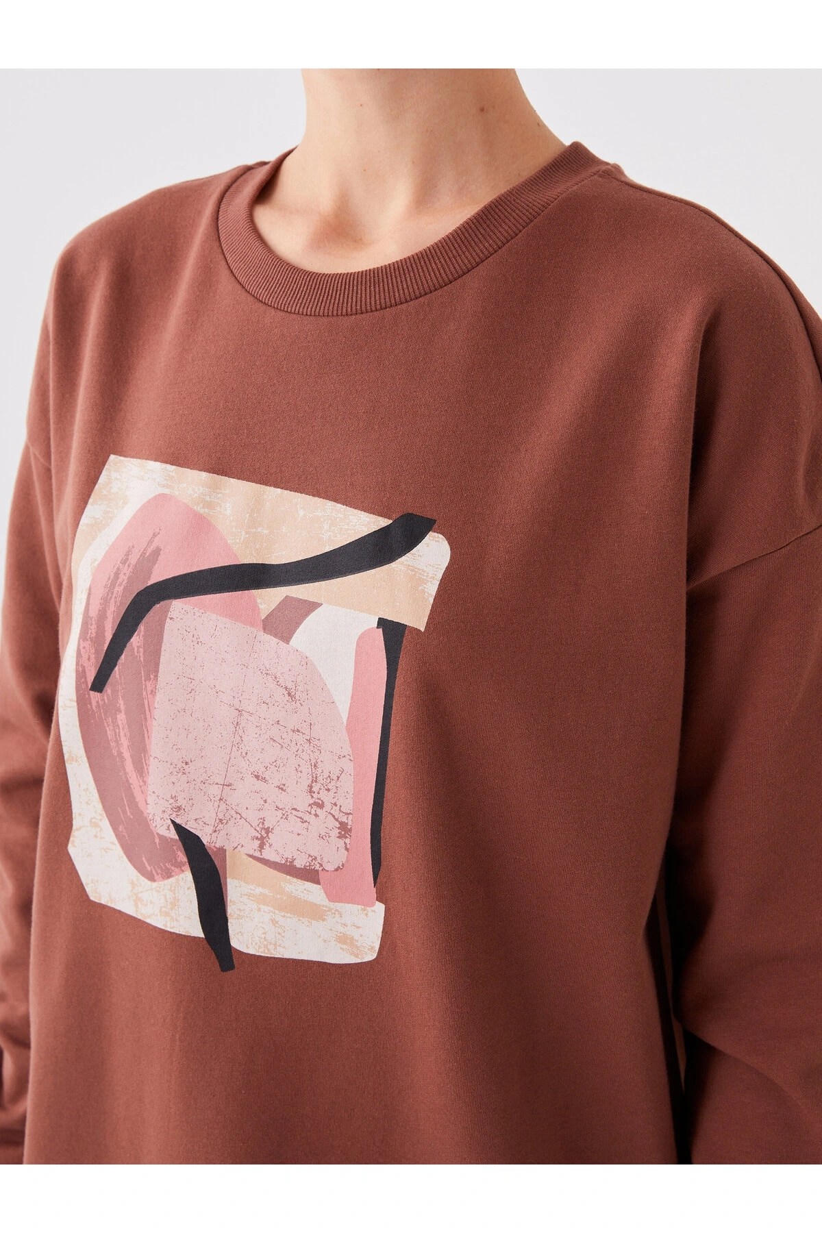 Bisiklet Yaka Baskılı Uzun Kollu Oversize Kadın Sweatshirt Tunik