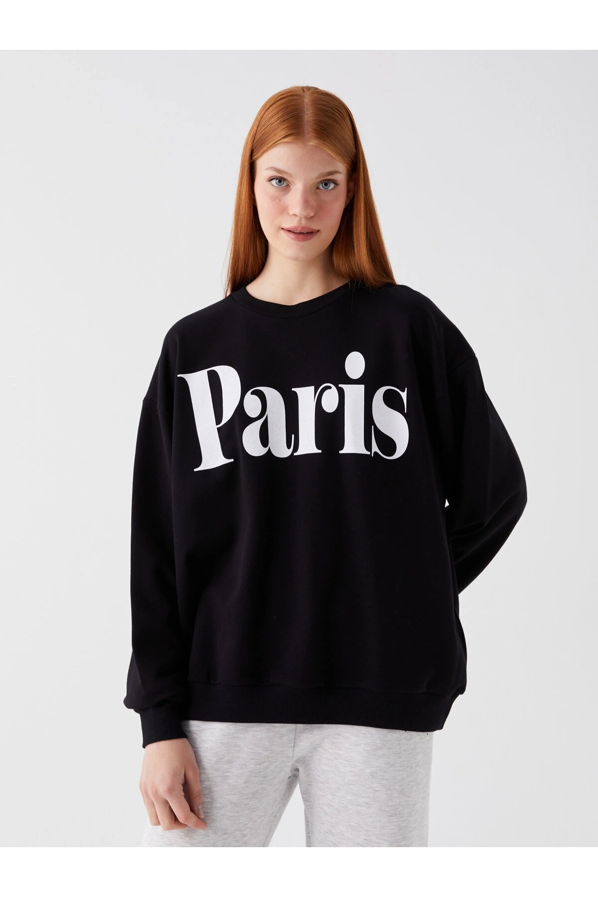 Bisiklet Yaka Baskılı Uzun Kollu Oversize Kadın Sweatshirt Tunik