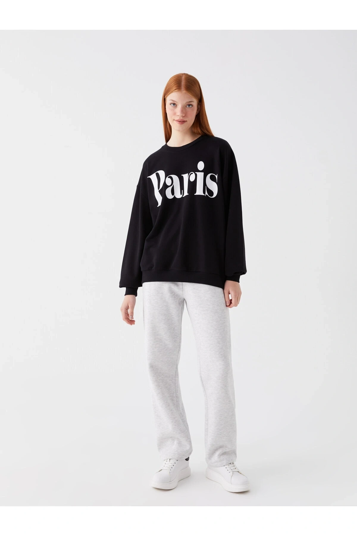 Bisiklet Yaka Baskılı Uzun Kollu Oversize Kadın Sweatshirt Tunik