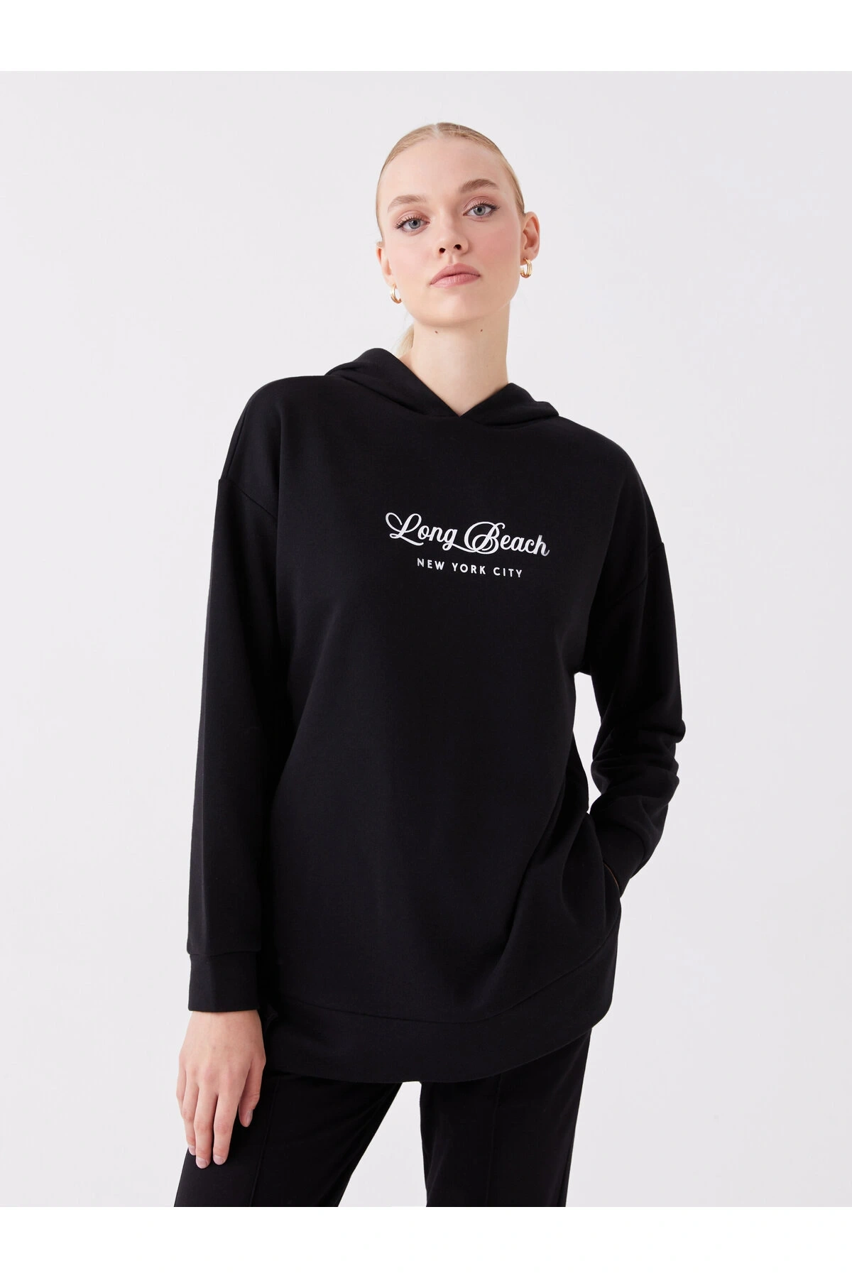 Baskılı Uzun Kollu Oversize Kadın Hoodie