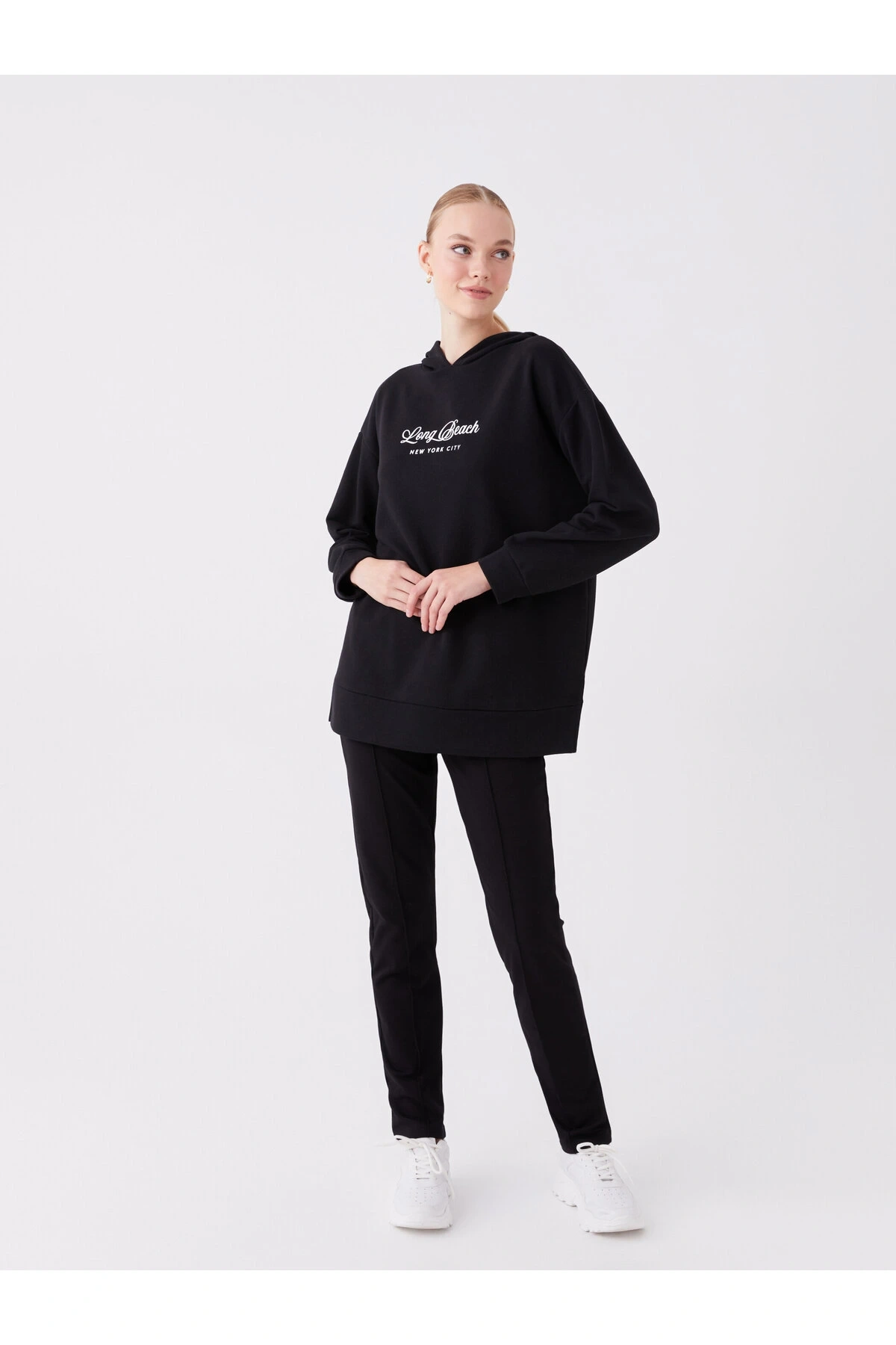 Baskılı Uzun Kollu Oversize Kadın Hoodie