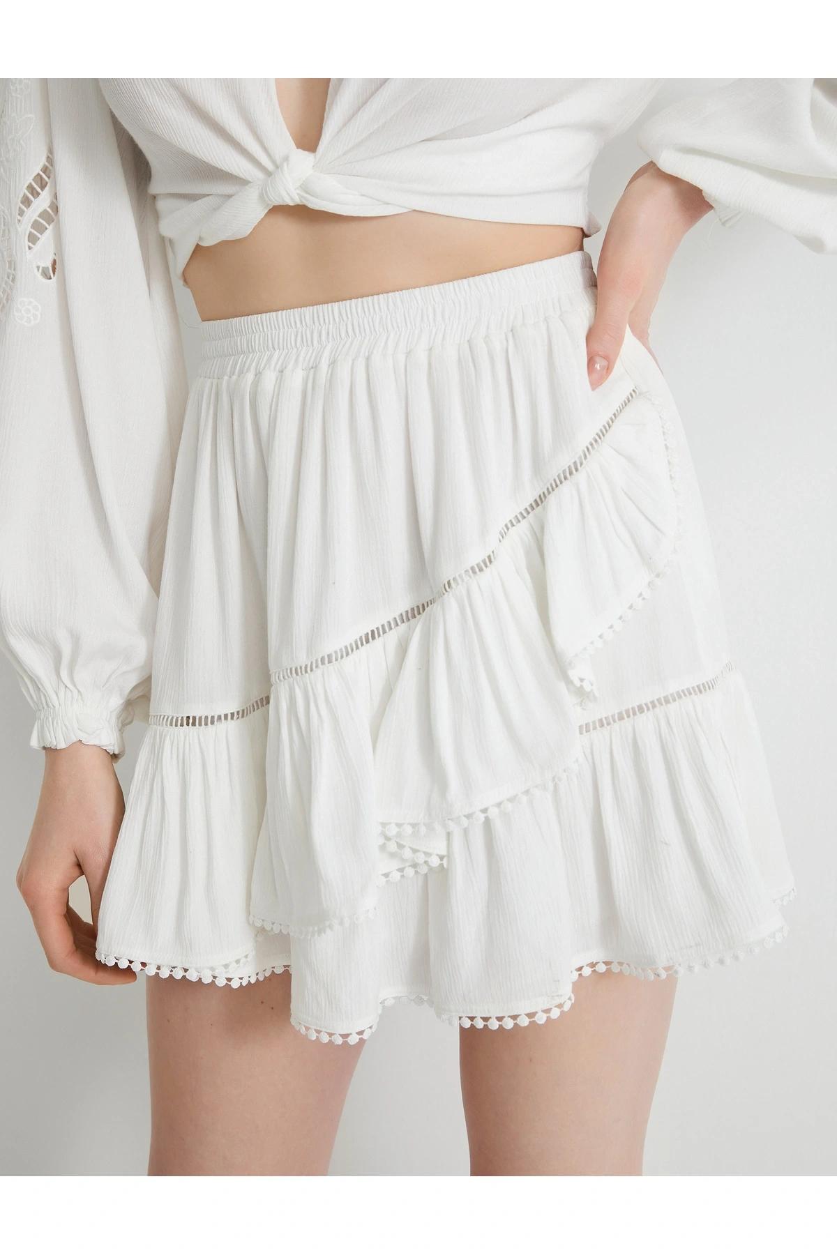 Mini Etek Viskon Beli Lastikli Volanlı