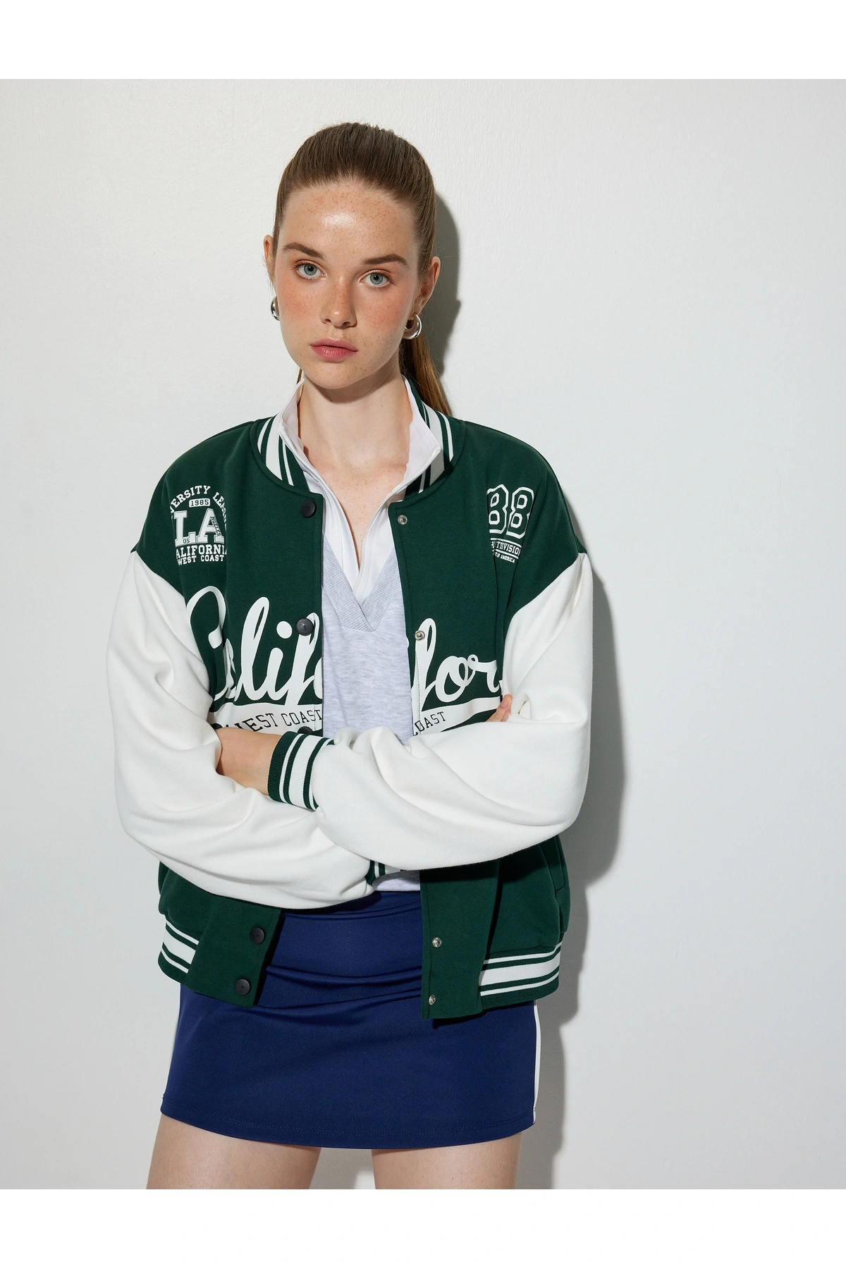 Şardonlu Kolej Ceket Oversize Bomber Yaka Baskılı Çıtçıt Düğmeli