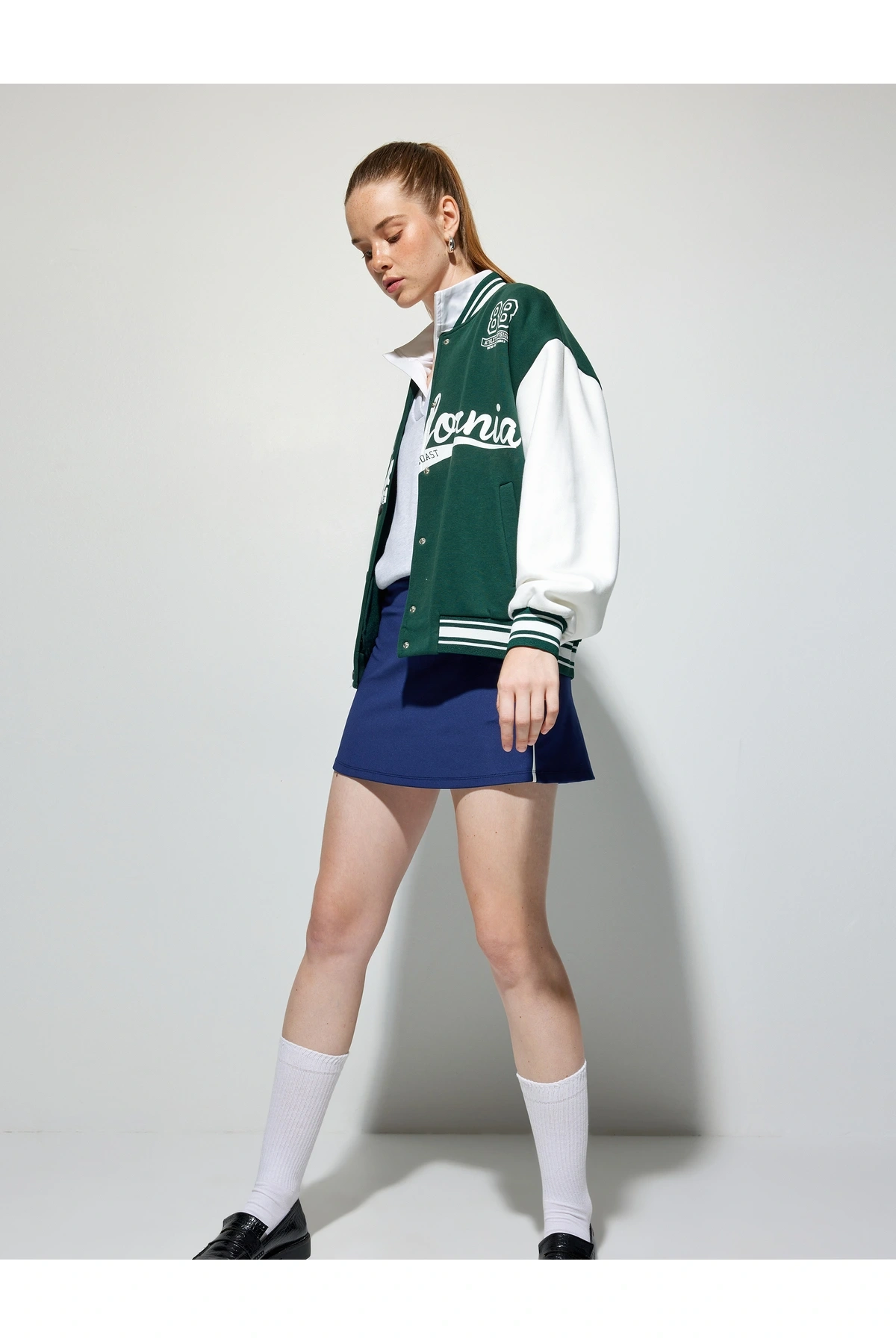 Şardonlu Kolej Ceket Oversize Bomber Yaka Baskılı Çıtçıt Düğmeli