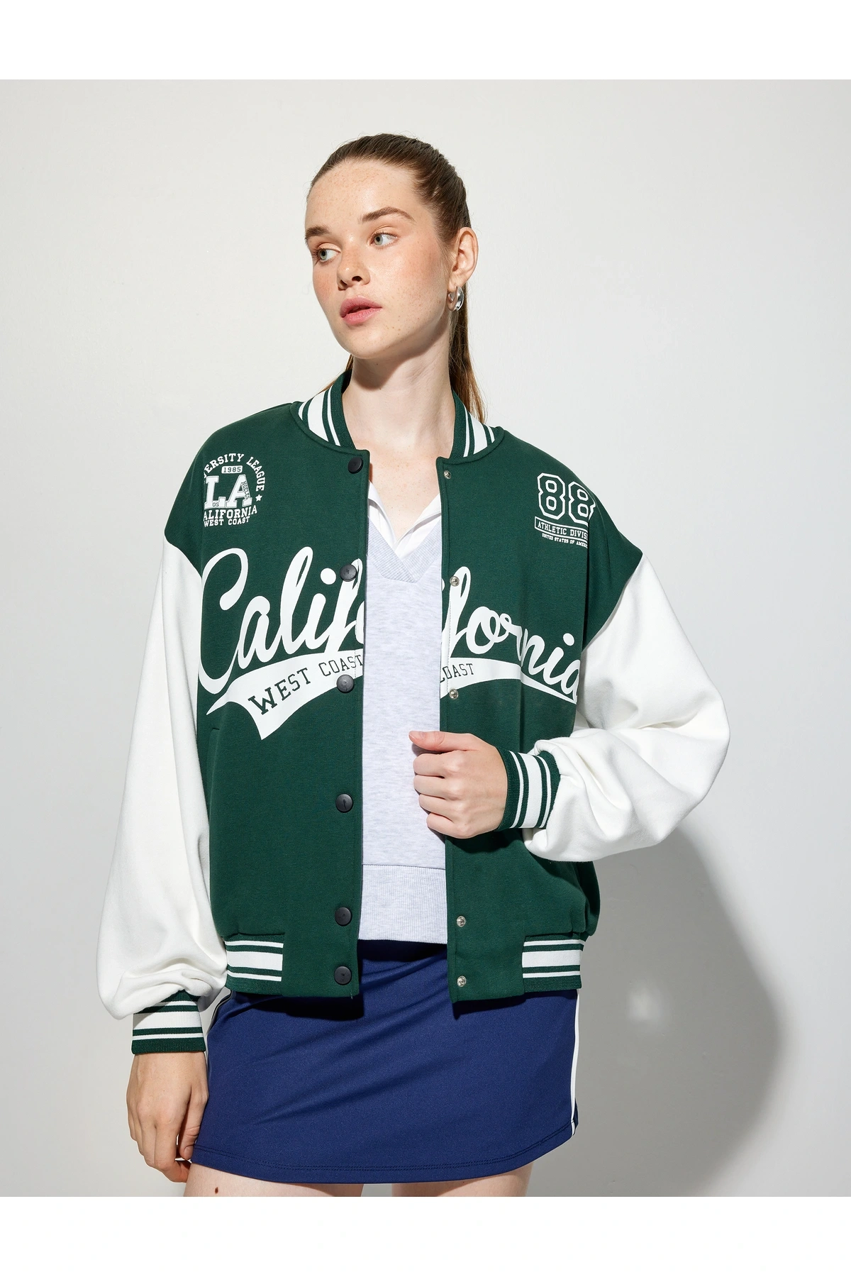 Şardonlu Kolej Ceket Oversize Bomber Yaka Baskılı Çıtçıt Düğmeli