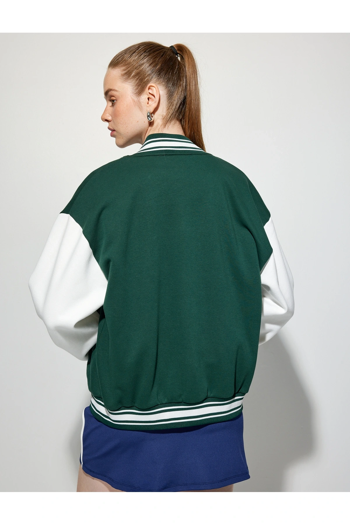 Şardonlu Kolej Ceket Oversize Bomber Yaka Baskılı Çıtçıt Düğmeli