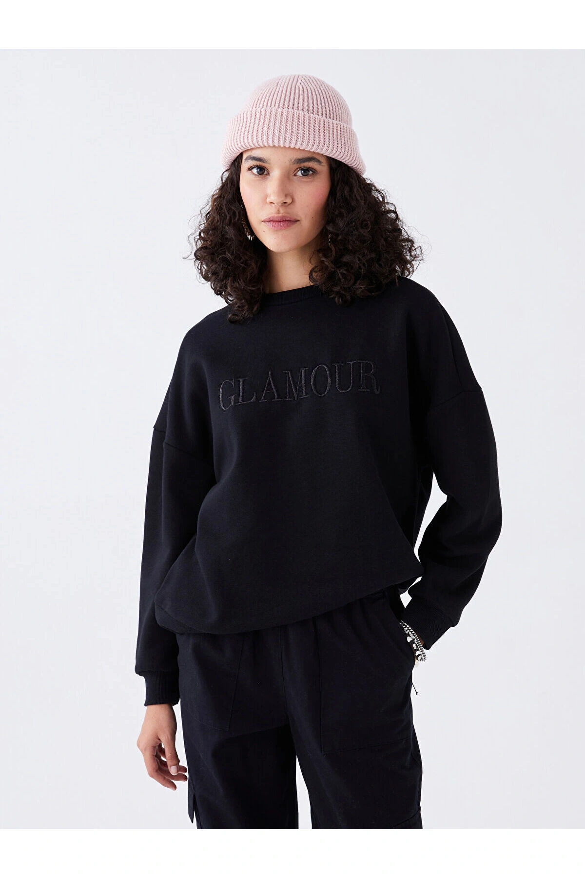 Lw - Bisiklet Yaka Nakışlı Uzun Kollu Oversize Kadın Sweatshirt
