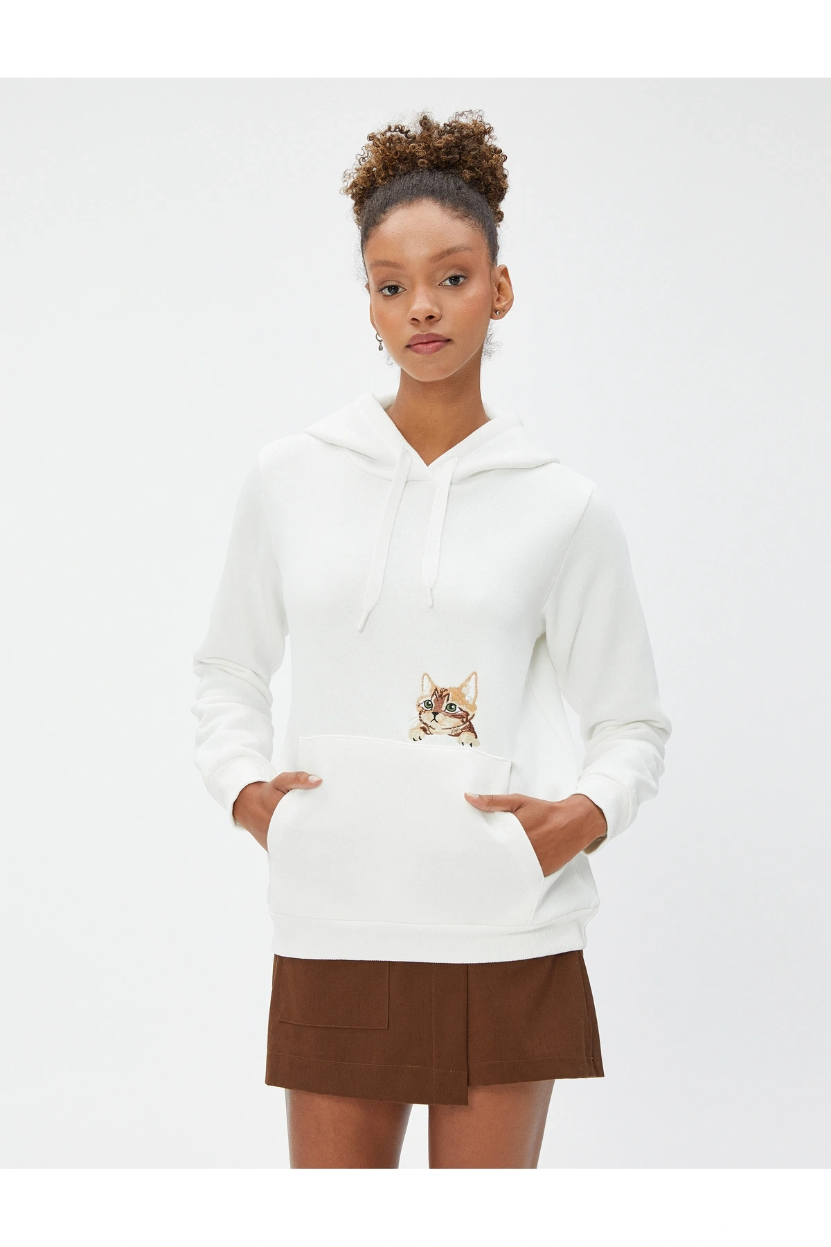 Kapüşonlu Sweatshirt Kanguru Cepli Kedi Nakışlı