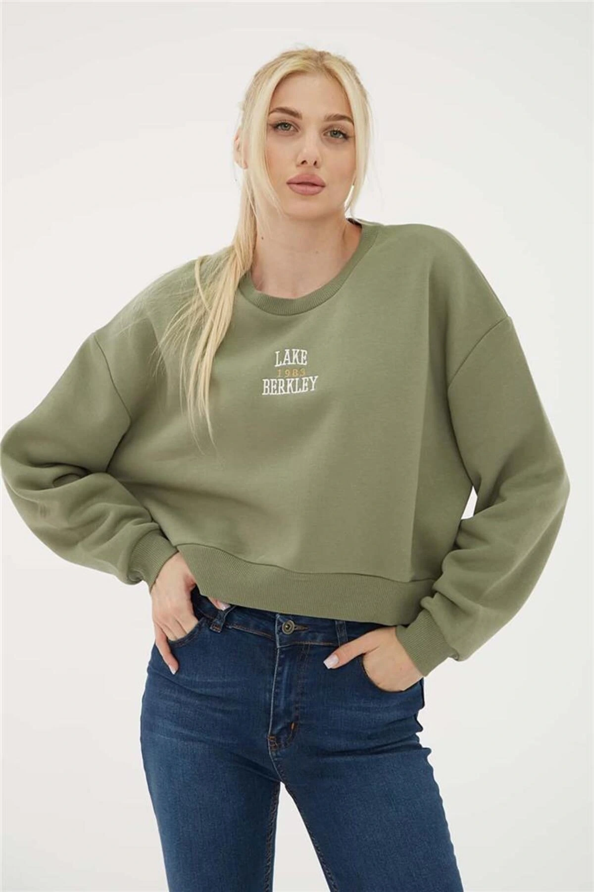 Nakışlı Crop Sweat Haki